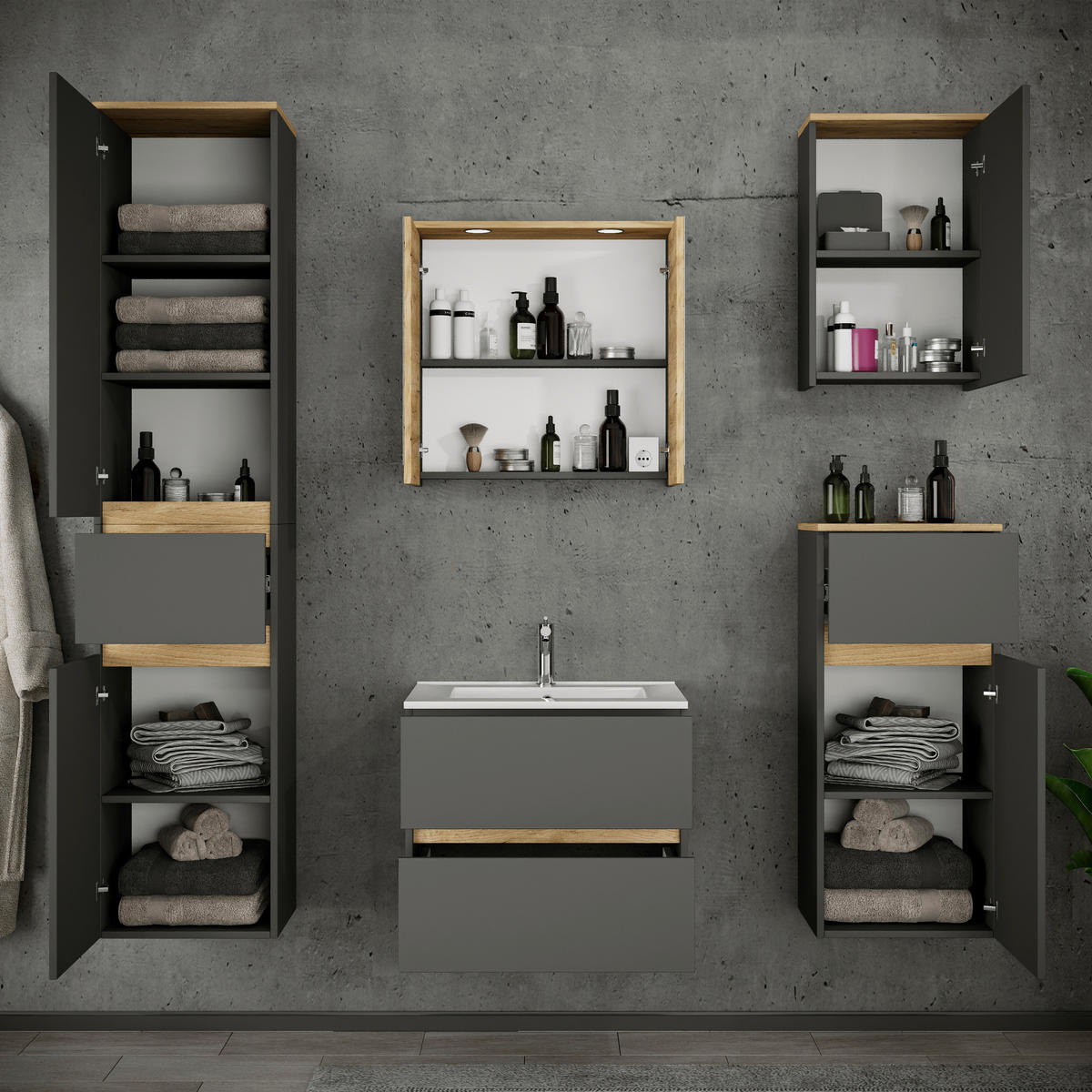 BADEZIMMER 6-teilig  in 141 cm  - Honigeiche/Anthrazit, Trend, Keramik/Holzwerkstoff (141cm) - MID.YOU