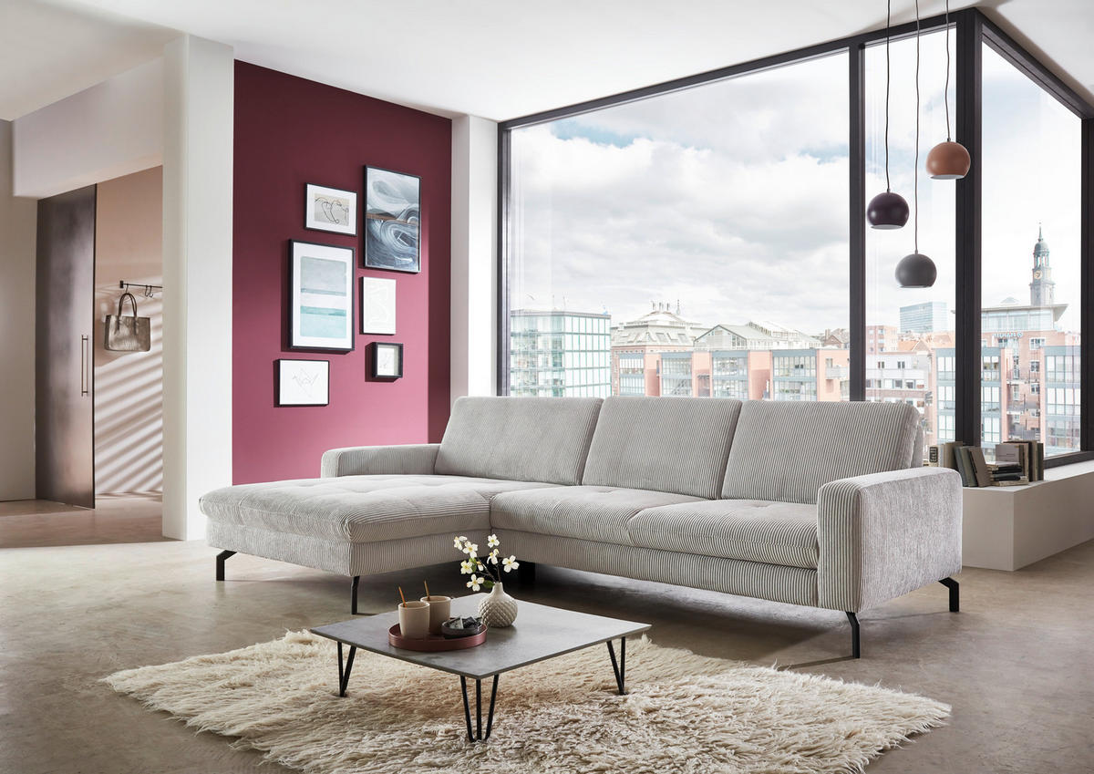 ECKSOFA in Cord Grau  - Schwarz/Grau, Design, Textil/Metall (178/302cm) - Beldomo Style