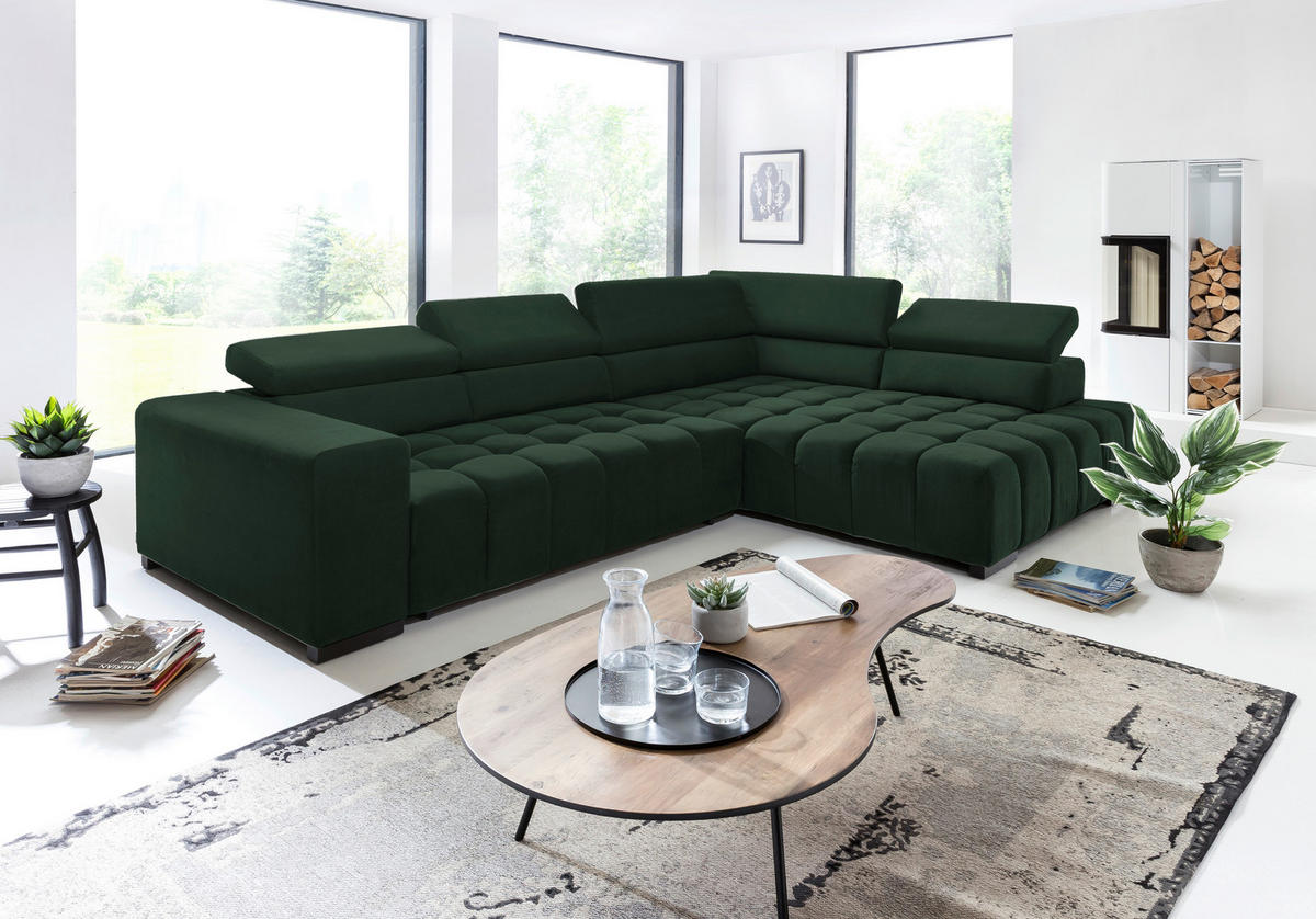 ECKSCHLAFSOFA Grün Velours  - Schwarz/Grün, Design, Holz/Textil (307/201cm) - Livetastic