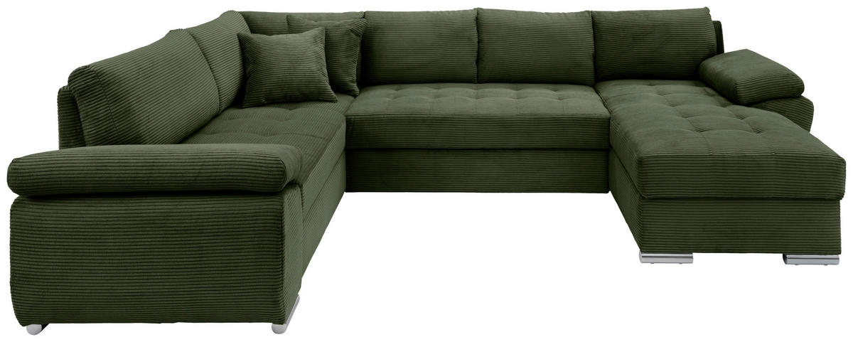 Wohnlandschaft Dunkelgrün Cord  - Chromfarben/Dunkelgrün, KONVENTIONELL, Textil/Metall (219/305/157cm) - Livetastic