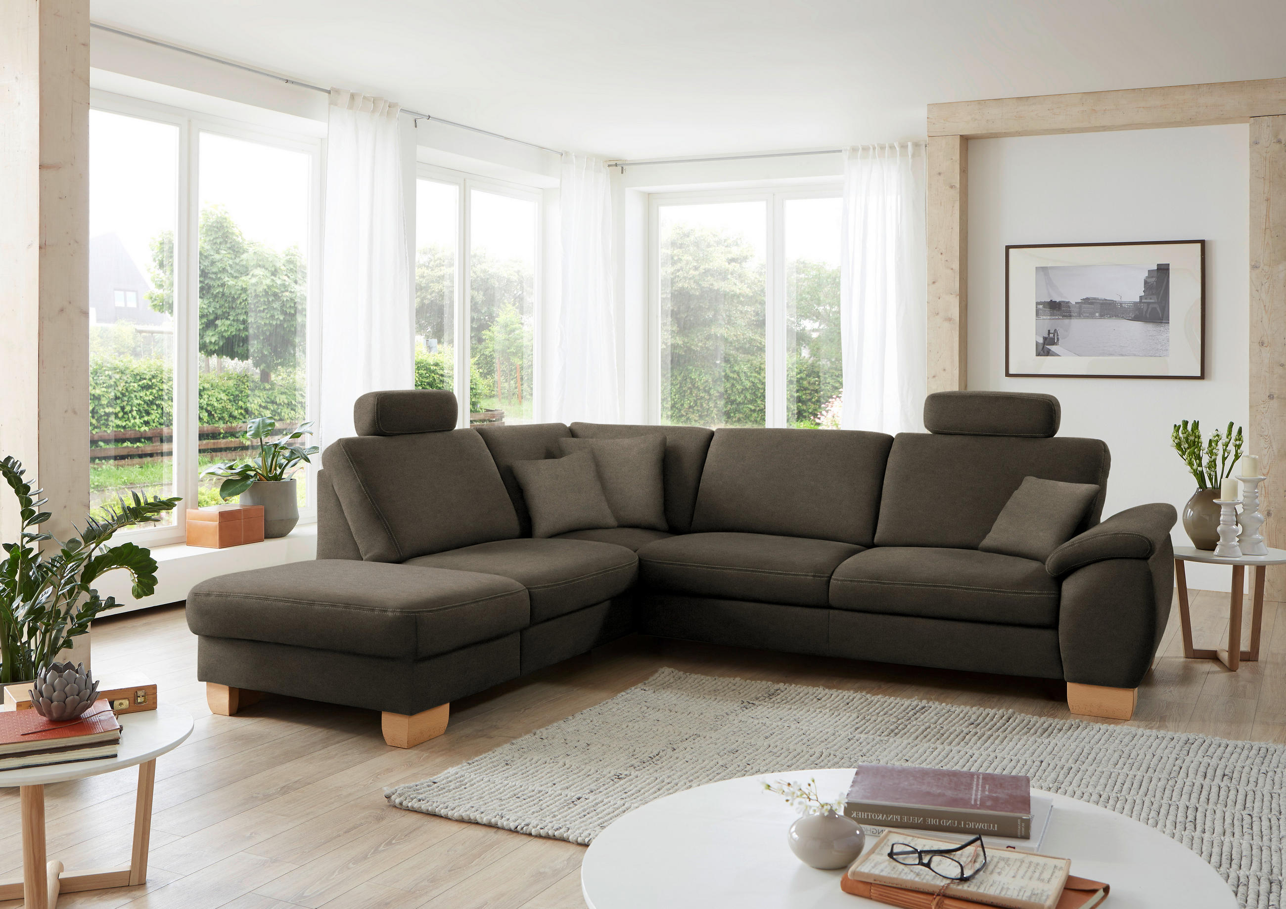 ECKSOFA in Mikrofaser Fango  - Wildeiche/Fango, Konventionell, Holz/Textil (236/286cm) - Voleo