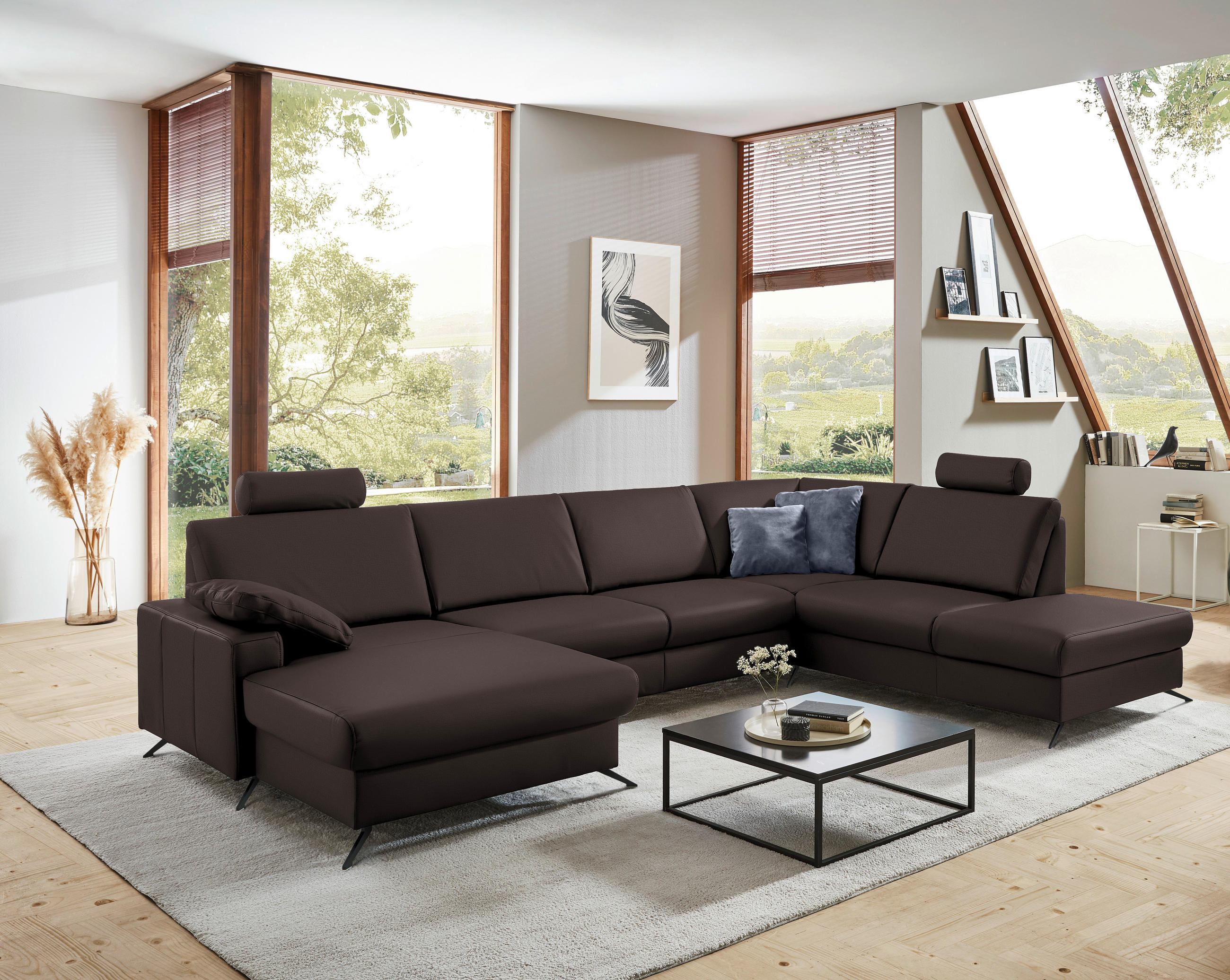 WOHNLANDSCHAFT in Echtleder Dunkelbraun  - Dunkelbraun/Schwarz, Design, Leder/Metall (165/339/233cm) - Beldomo Premium
