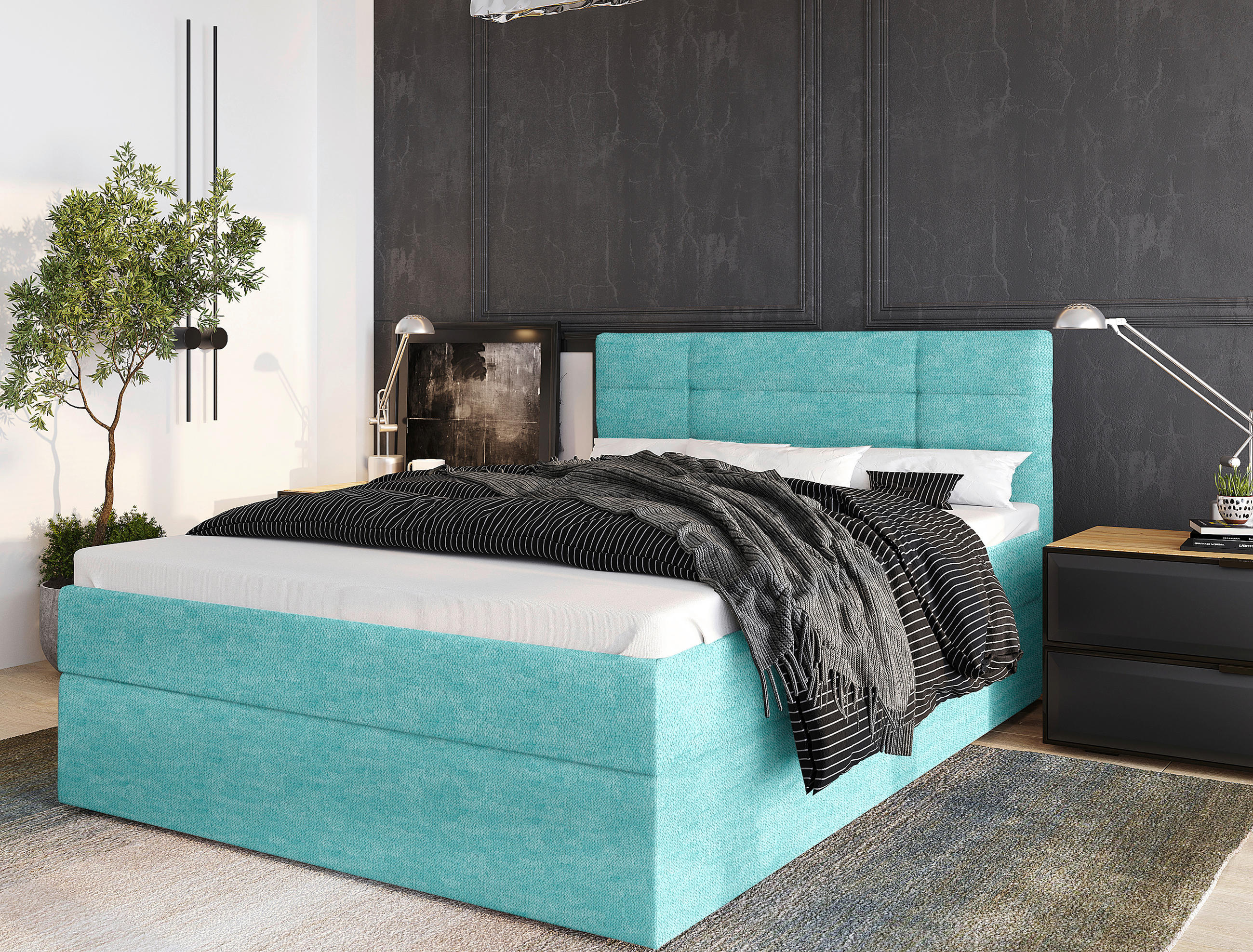 Thumbnail - Boxxx Boxbett, Türkis, Textil, Kiefer, massiv, H2, Höhe ca. 18 cm, 160x200 cm, gepolstertes Kopfteil, Topper durchgehend...