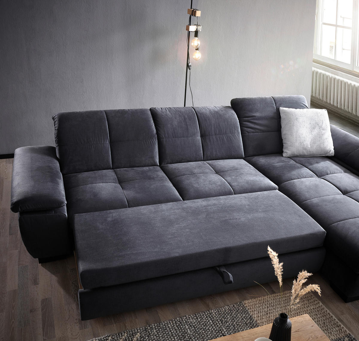 ECKSOFA, velur siva  - črna/siva, Design, tekstil (297/204cm) - Xora