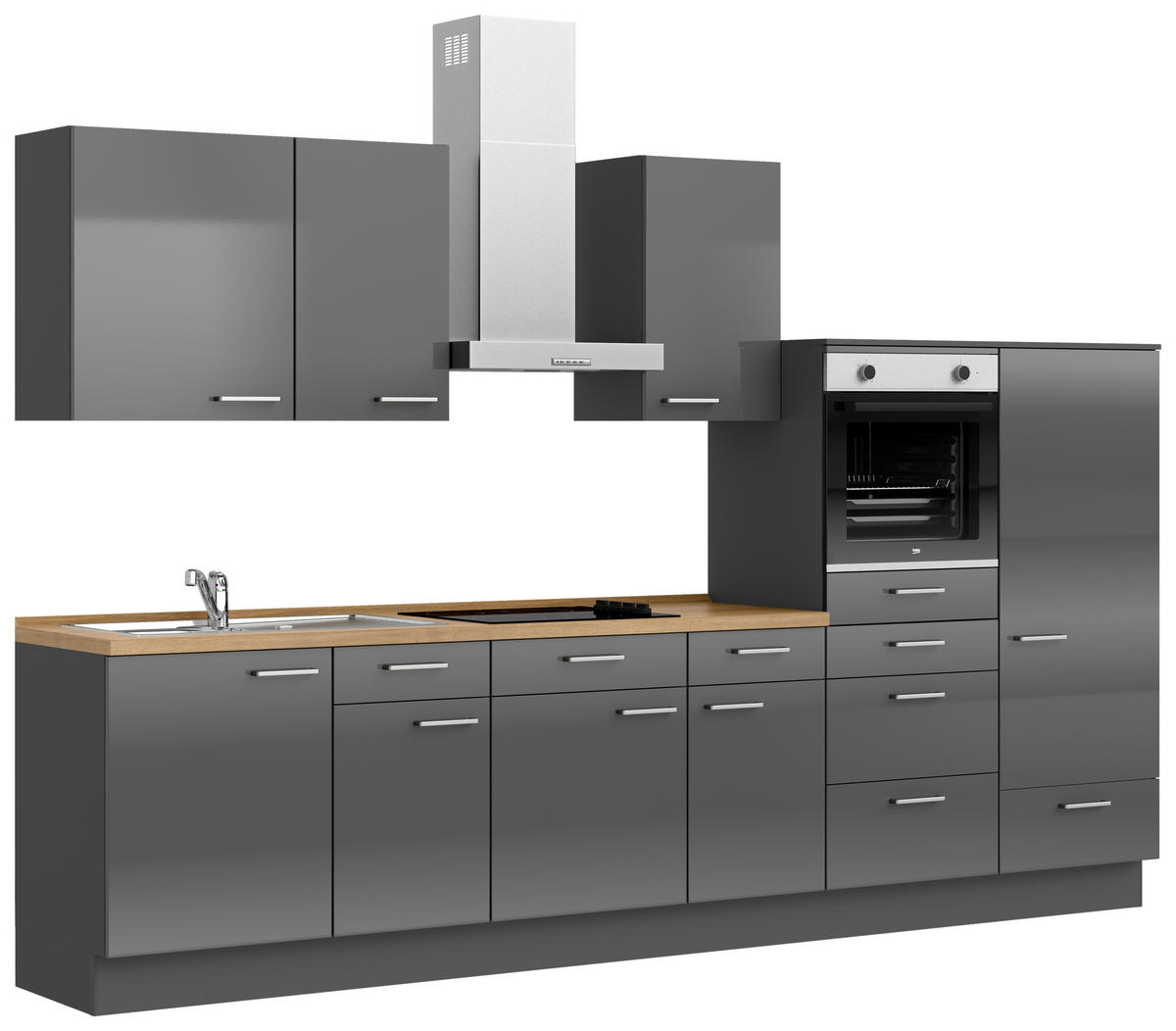 KÜCHENBLOCK Flash 330 cm  in Eichefarben, Schieferfarben  - Schieferfarben/Edelstahlfarben, MODERN, Holzwerkstoff/Metall (330cm) - Nobilia