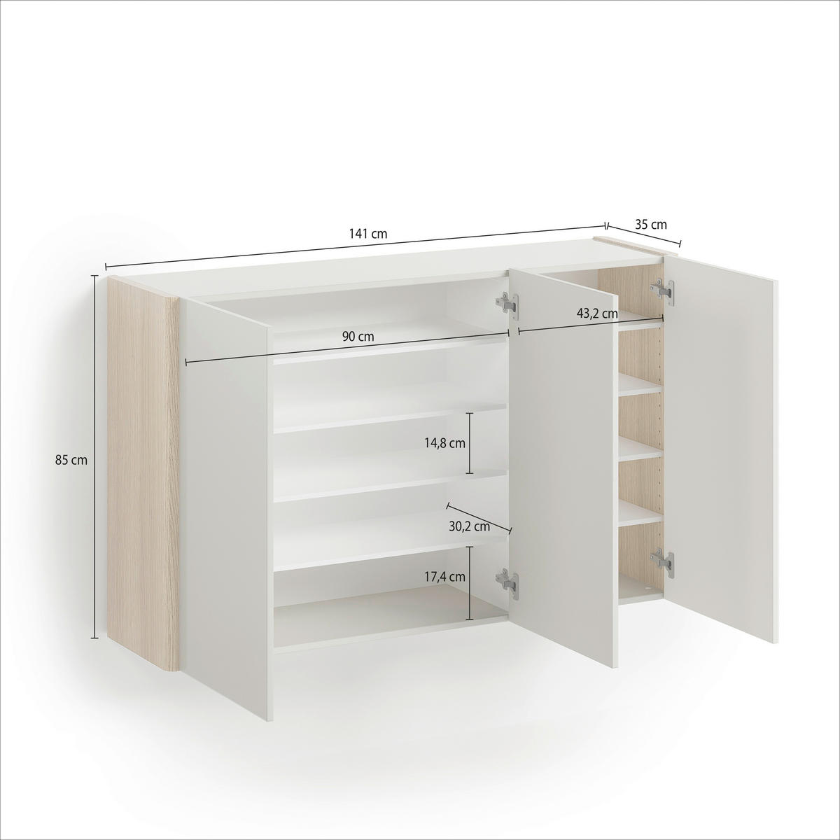 HÄNGESCHUHSCHRANK 141/85/35 cm  - Eiche Bianco/Greige, Design, Holzwerkstoff (141/85/35cm) - Voleo