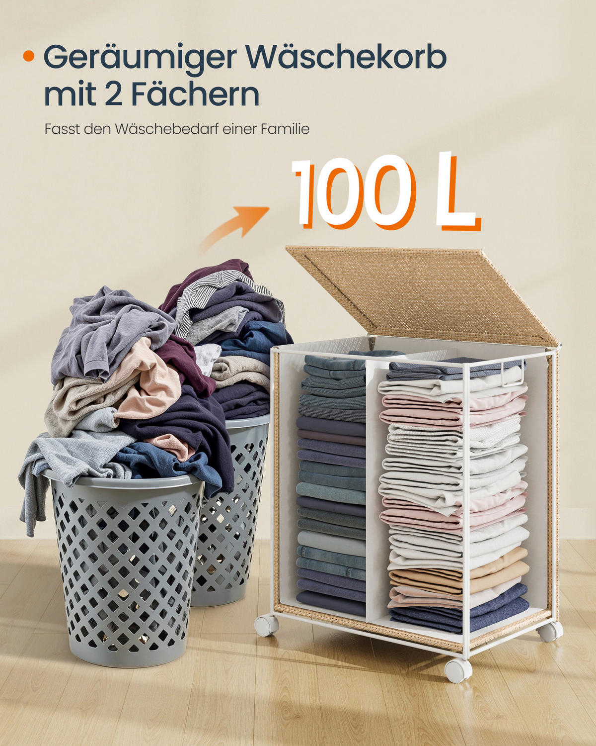 WÄSCHEKORB - Beige/Weiß, Trend, Textil/Metall (46,5/65/37,5cm) - Boxxx