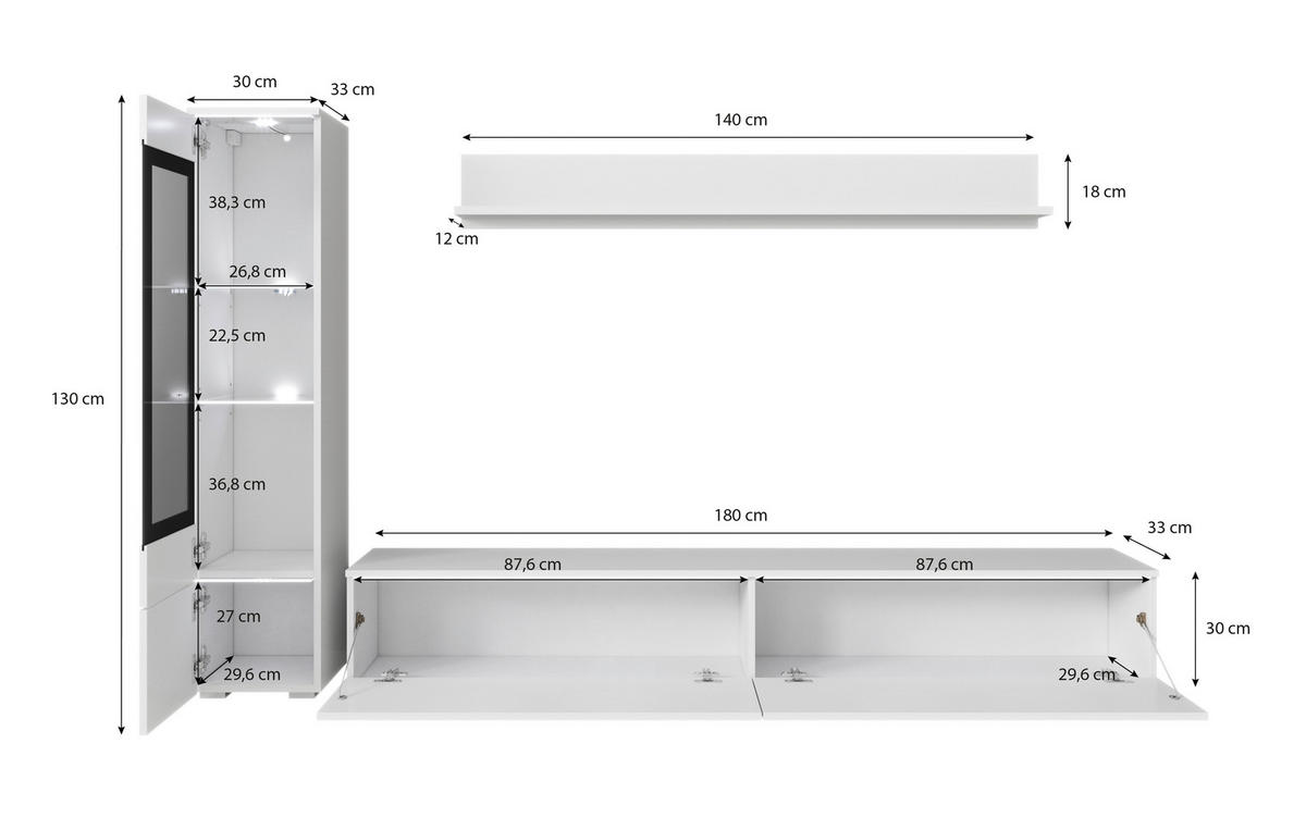 OBÝVACIA STENA, biela s vysokým leskom, sivá - sivá/biela s vysokým leskom, Lifestyle, kompozitné drevo/plast (210/130/33cm) - P & B