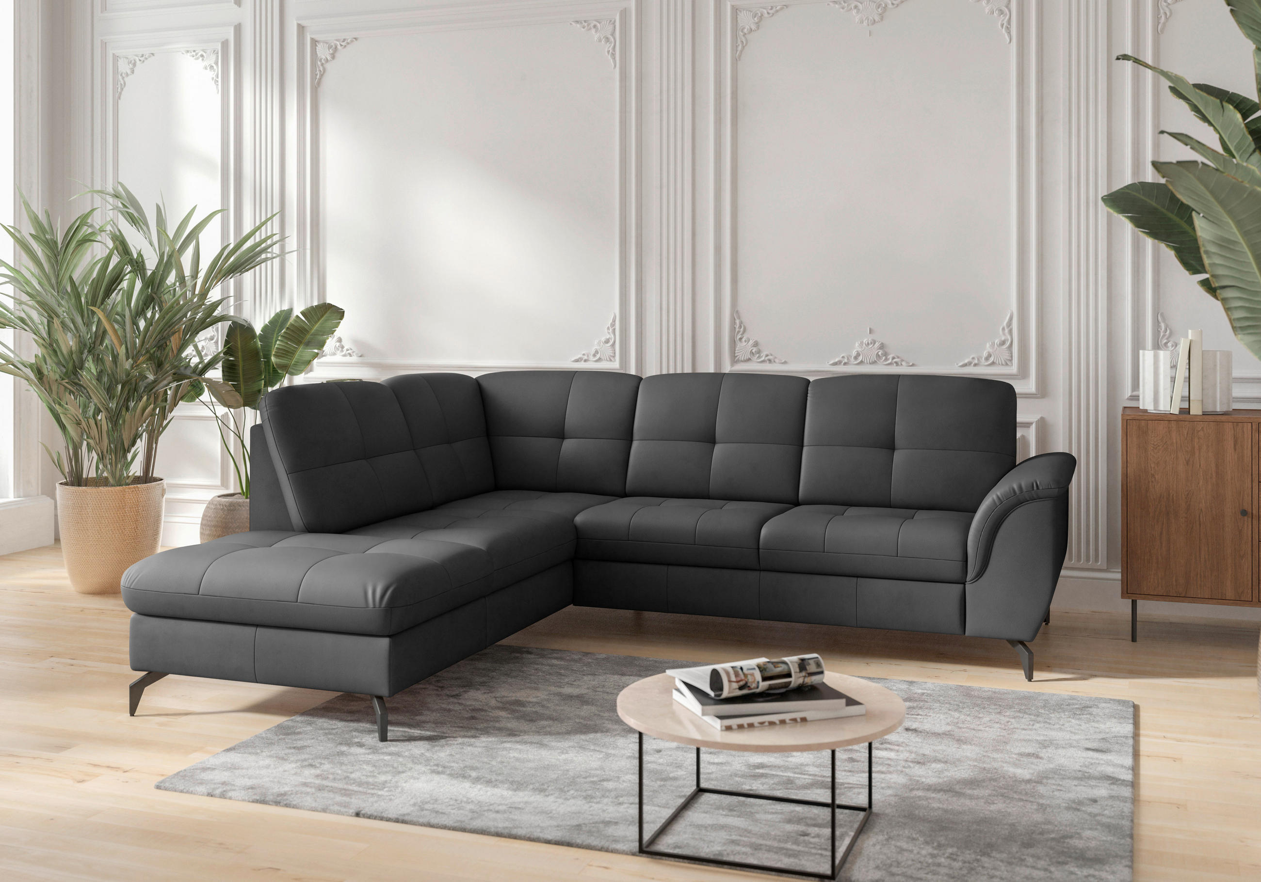 ECKSOFA in Vliesstoff Kombination Echtleder/Stoff Schwarz  212/244 cm  - Schwarz, MODERN, Leder/Textil (212/244cm) - Sit & More