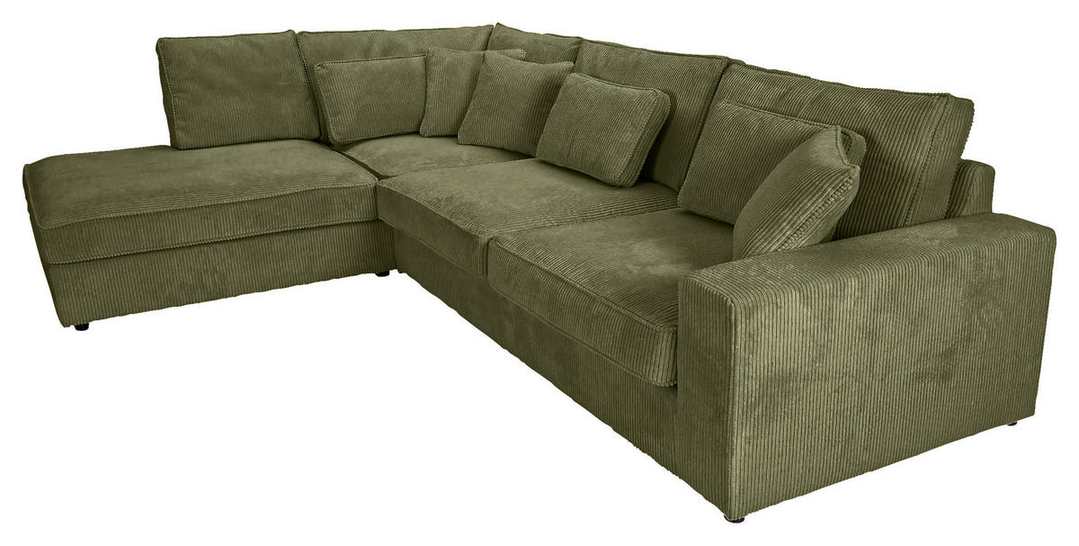 ECKSOFA  in Cord Olivgrün Zierkissen, Rückenkissen, Rücken echt  228/307 cm  - Schwarz/Olivgrün, MODERN, Kunststoff/Textil (228/307cm) - Carryhome