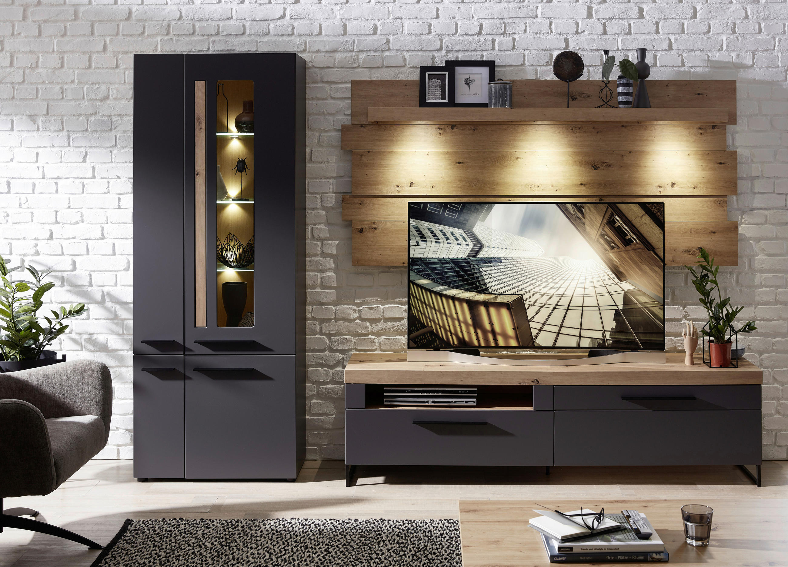 WOHNWAND Graphitfarben, Eichefarben Beleuchtung, Einlegeböden - Eichefarben/Goldfarben, MODERN, Glas/Holzwerkstoff (288/201/44cm) - Livetastic