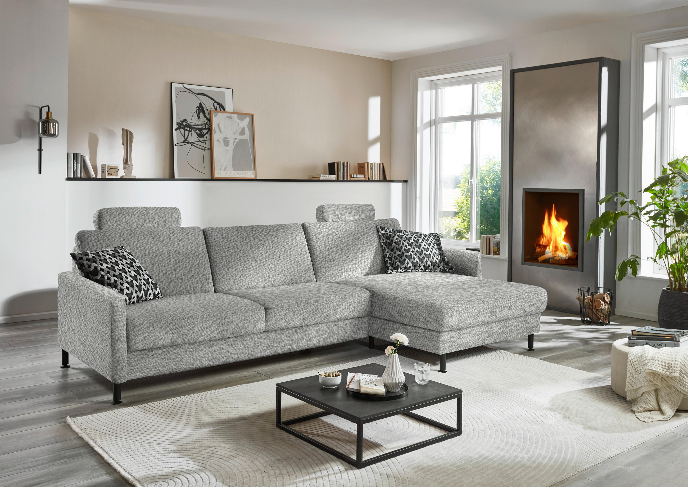 ECKSOFA  in Chenille, Flachgewebe Greige  316/175 cm  - Greige/Schwarz, Design, Textil/Metall (316/175cm) - Dieter Knoll