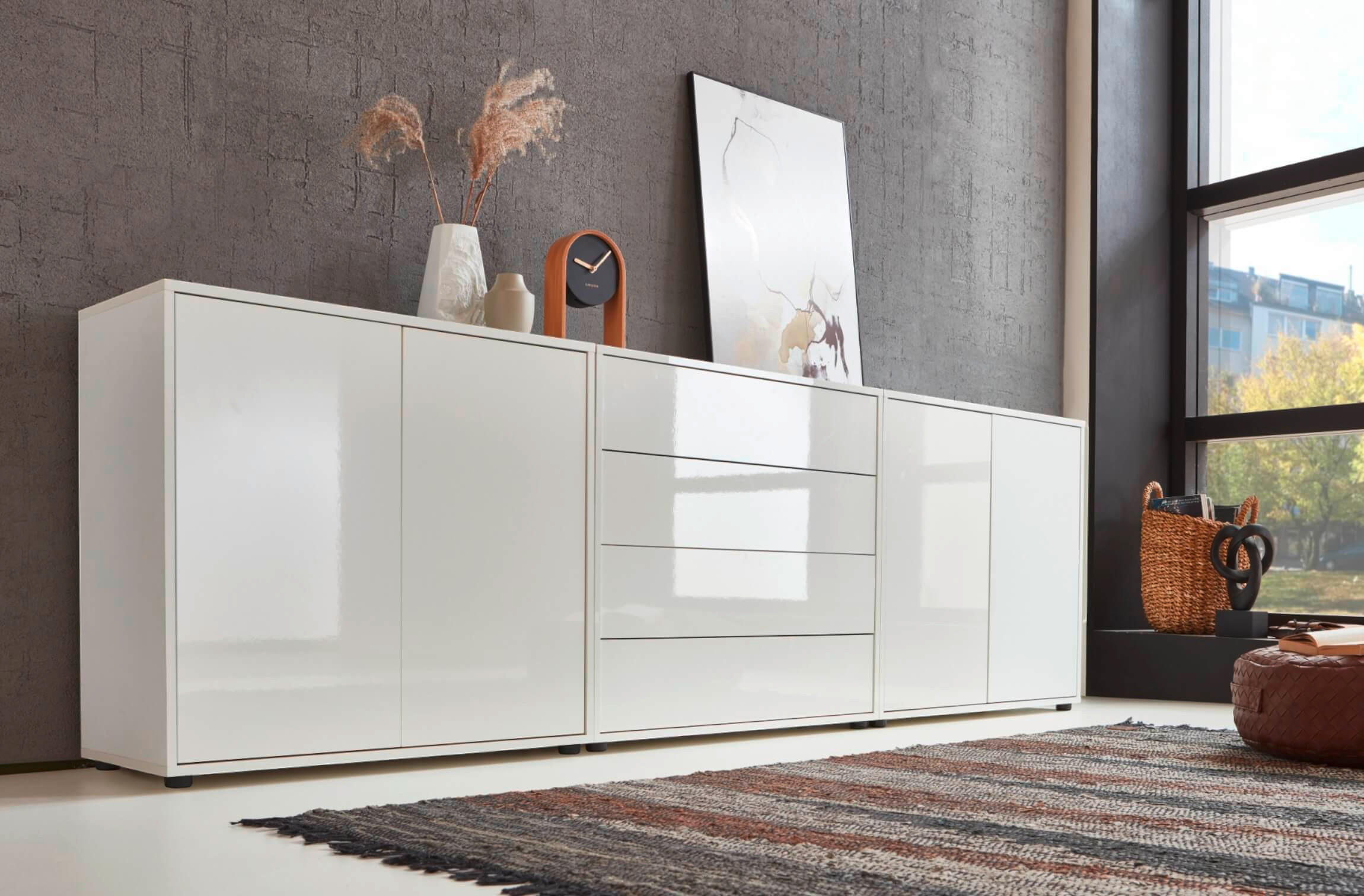 SIDEBOARD 237/73/33 cm  in Weiß, Weiß Hochglanz  - Weiß Hochglanz/Schwarz, MODERN, Holzwerkstoff/Kunststoff (237/73/33cm) - MID.YOU