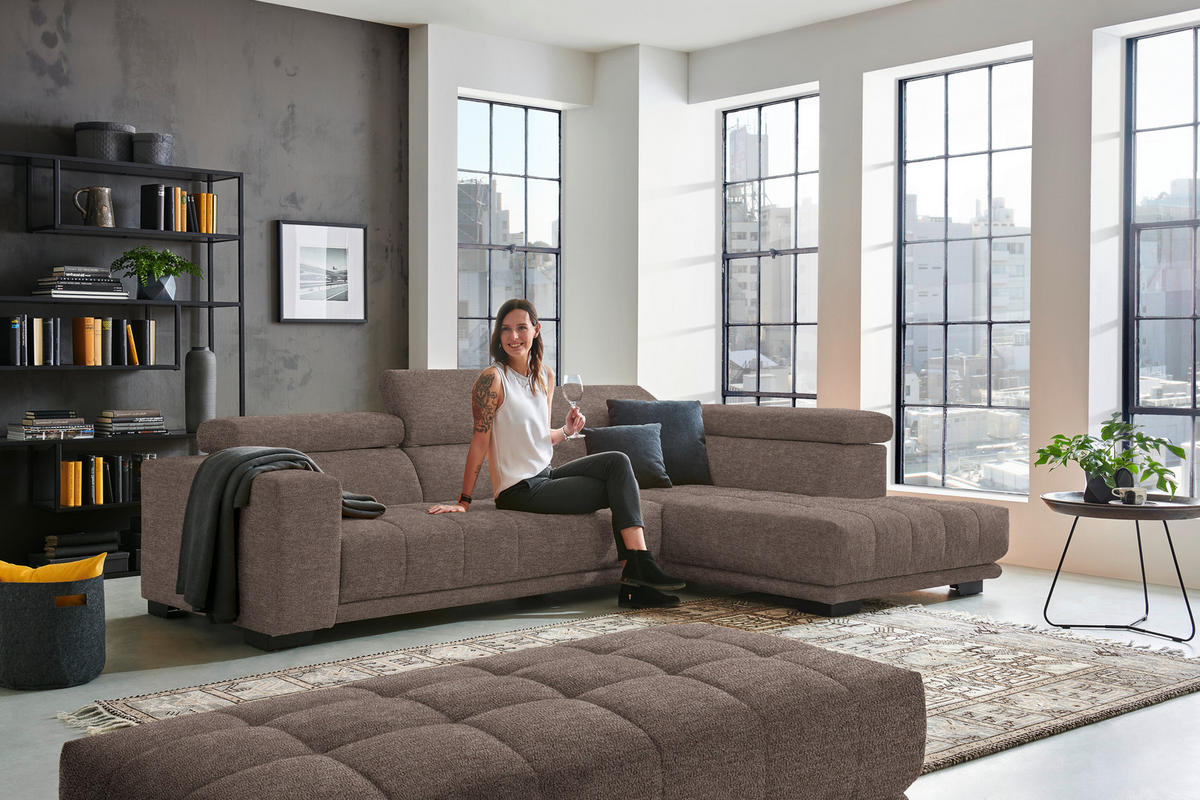 ECKSOFA in Mikrofaser Hellbraun  - Hellbraun/Schwarz, Design, Textil/Metall (301/207cm) - Xora
