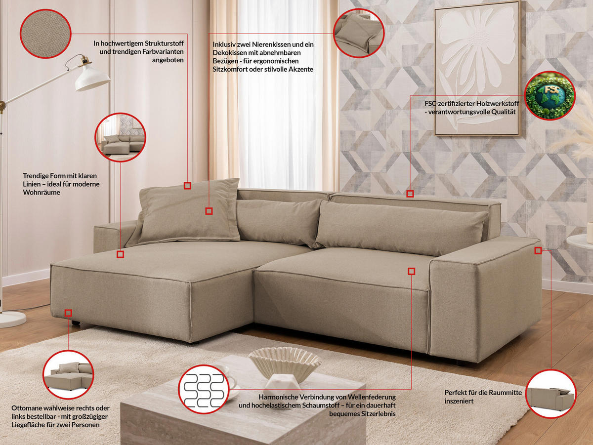 ECKSOFA Curduroy in Webstoff Hellbraun Rückenkissen  251/142 cm  - Hellbraun/Schwarz, Design, Kunststoff/Textil (251/142cm) - P & B
