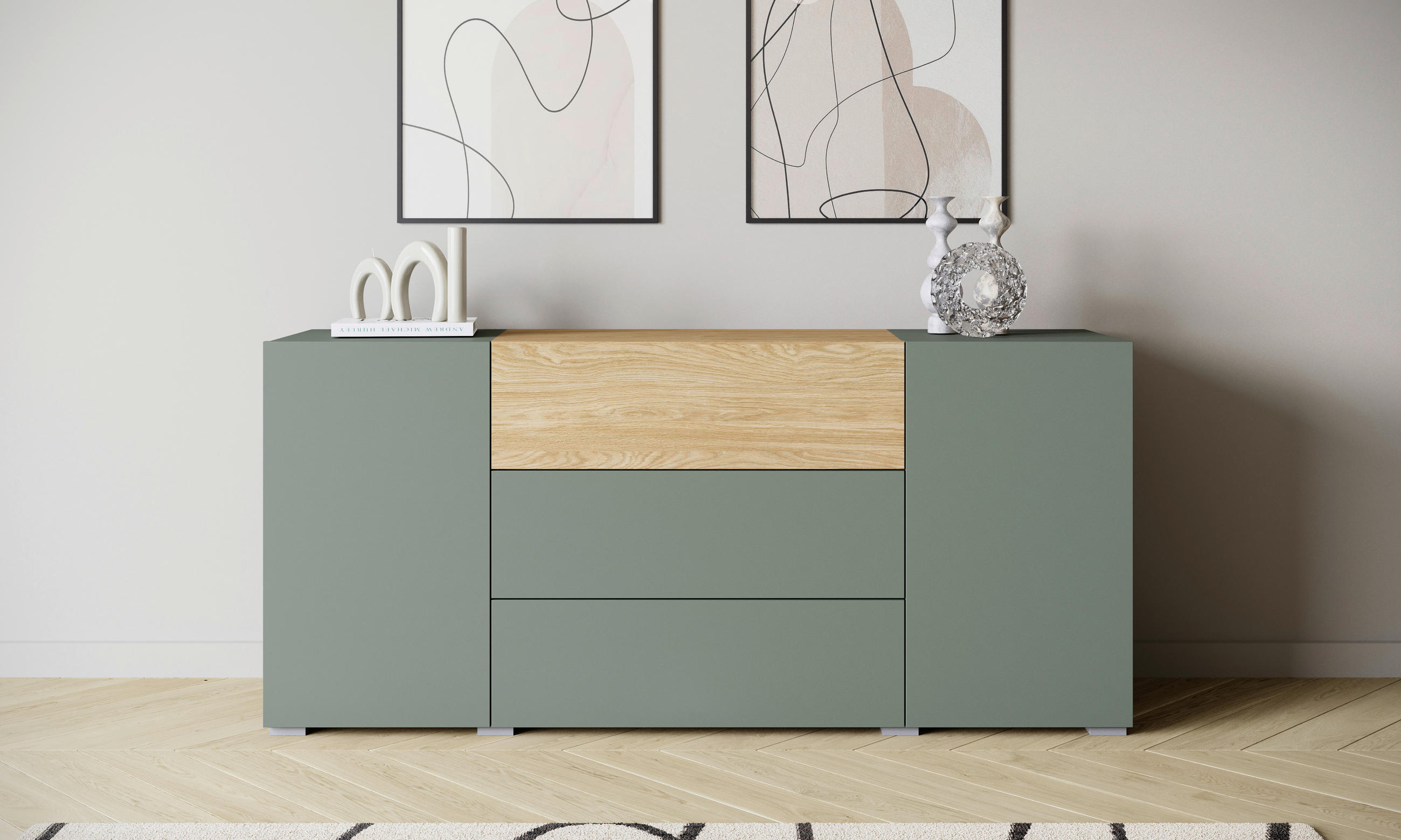 SIDEBOARD Berlin 150/68/38,5 cm 3 låda(or)  - grå/salviagrön, Design, trämaterial/plast (150/68/38,5cm) - P & B
