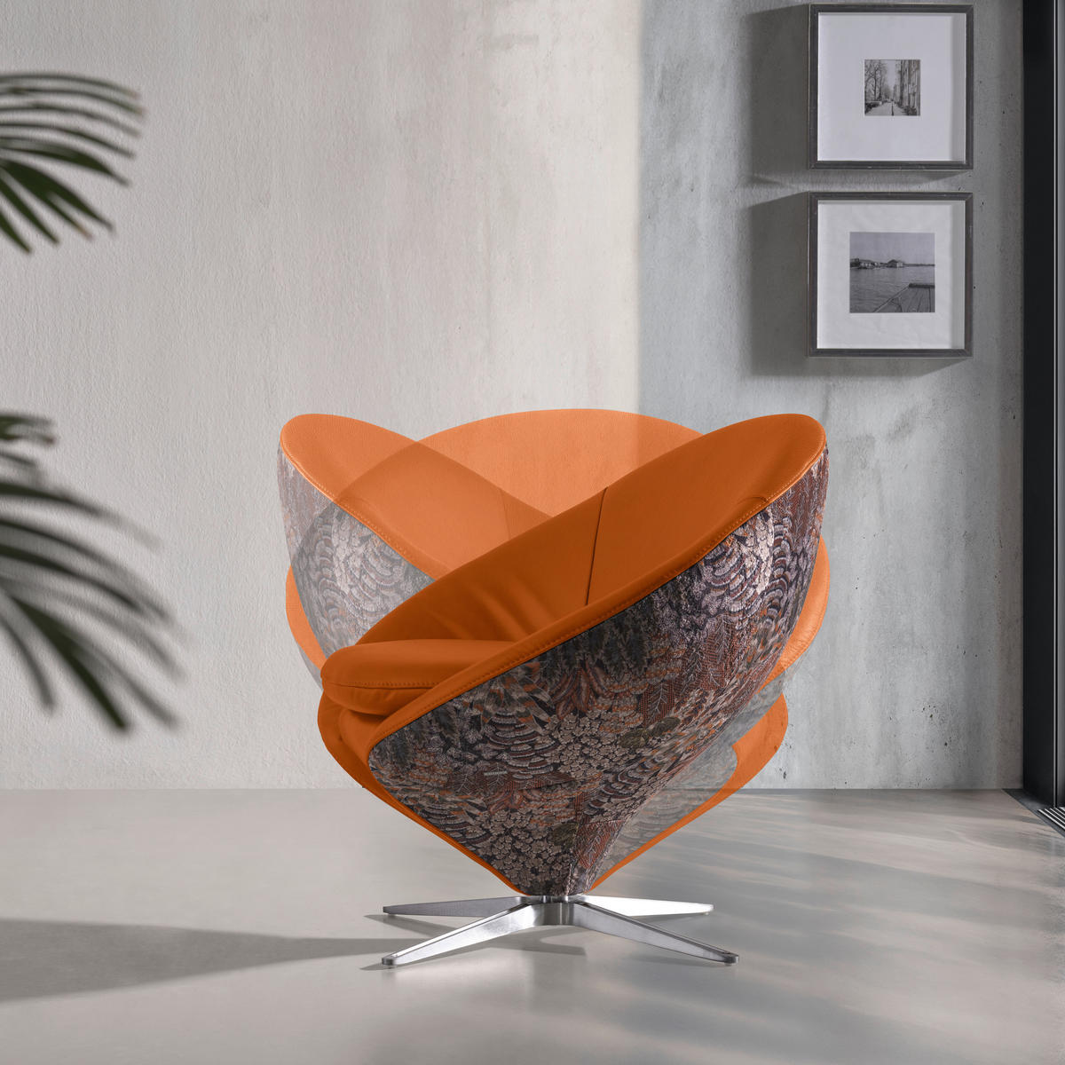 SESSEL Jacquard Kombination Echtleder/Stoff Cognac  - Cognac/Nickelfarben, Design, Leder/Textil (84/81/79cm) - Koinor