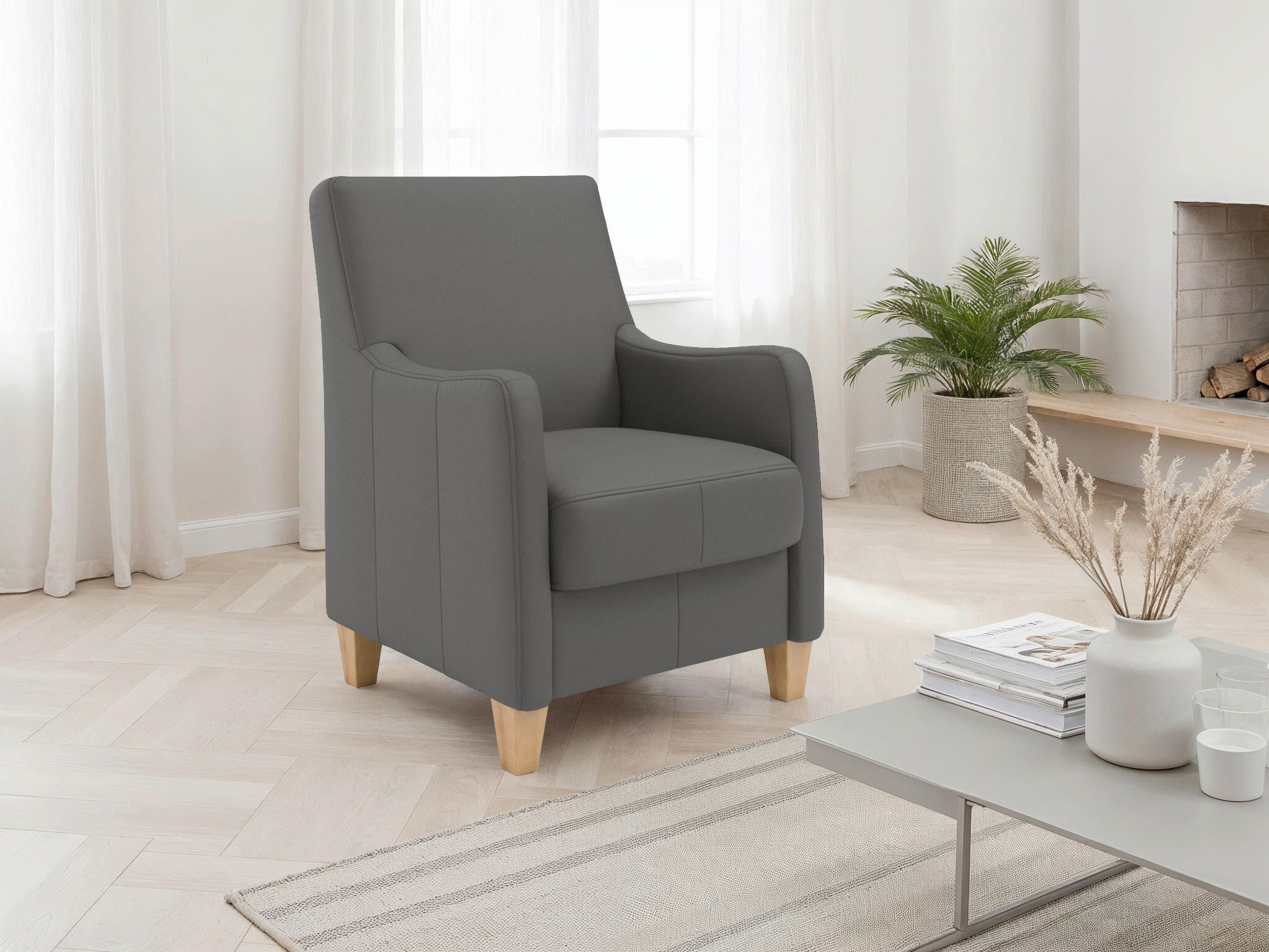 SESSEL in Echtleder Mokka  - Eichefarben/Mokka, Basics, Leder/Holz (70/93/75cm) - Sit & More