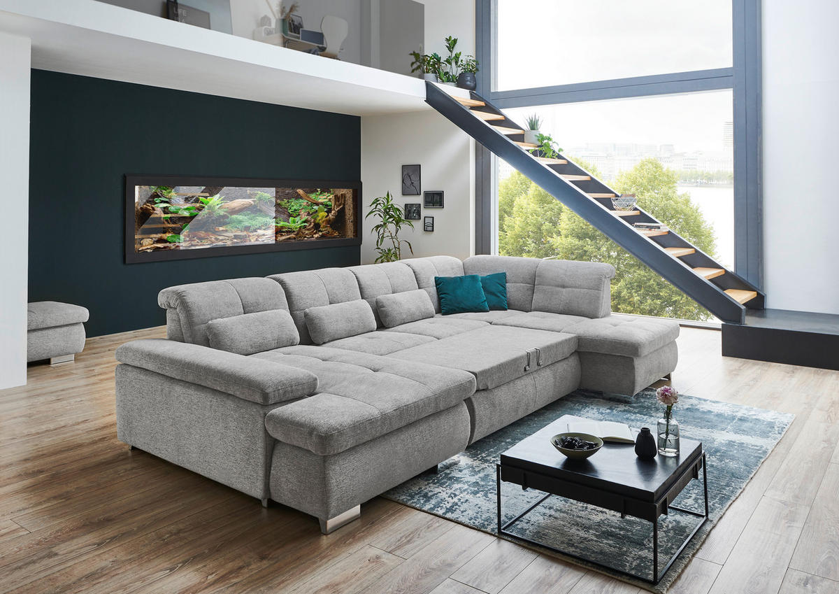 WOHNLANDSCHAFT Hellgrau Webstoff  - Hellgrau/Schwarz, Design, Textil/Metall (210/337/174cm) - Beldomo Style