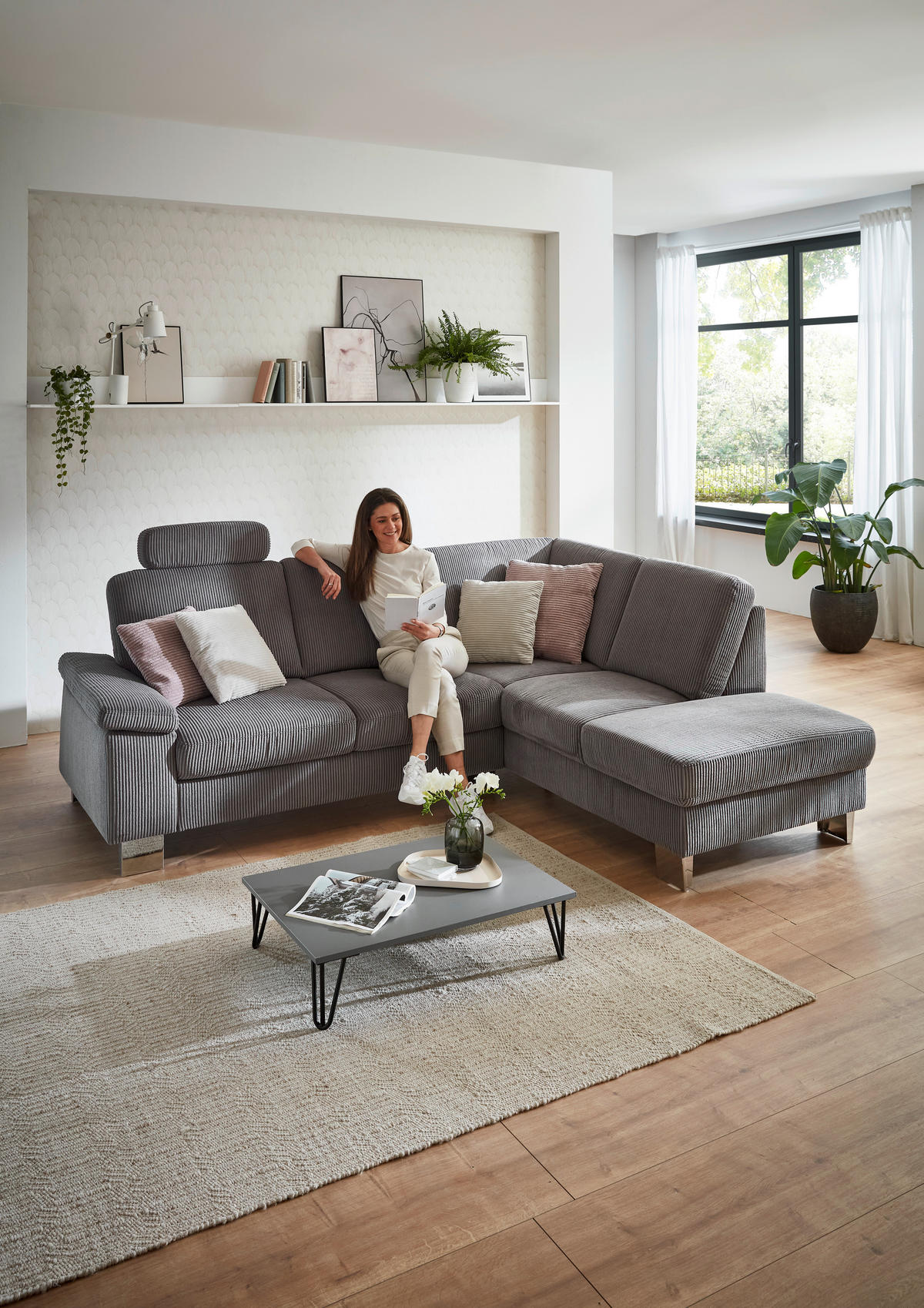 ECKSOFA in Cord Anthrazit  - Edelstahlfarben/Anthrazit, Konventionell, Textil/Metall (248/200cm) - Beldomo System