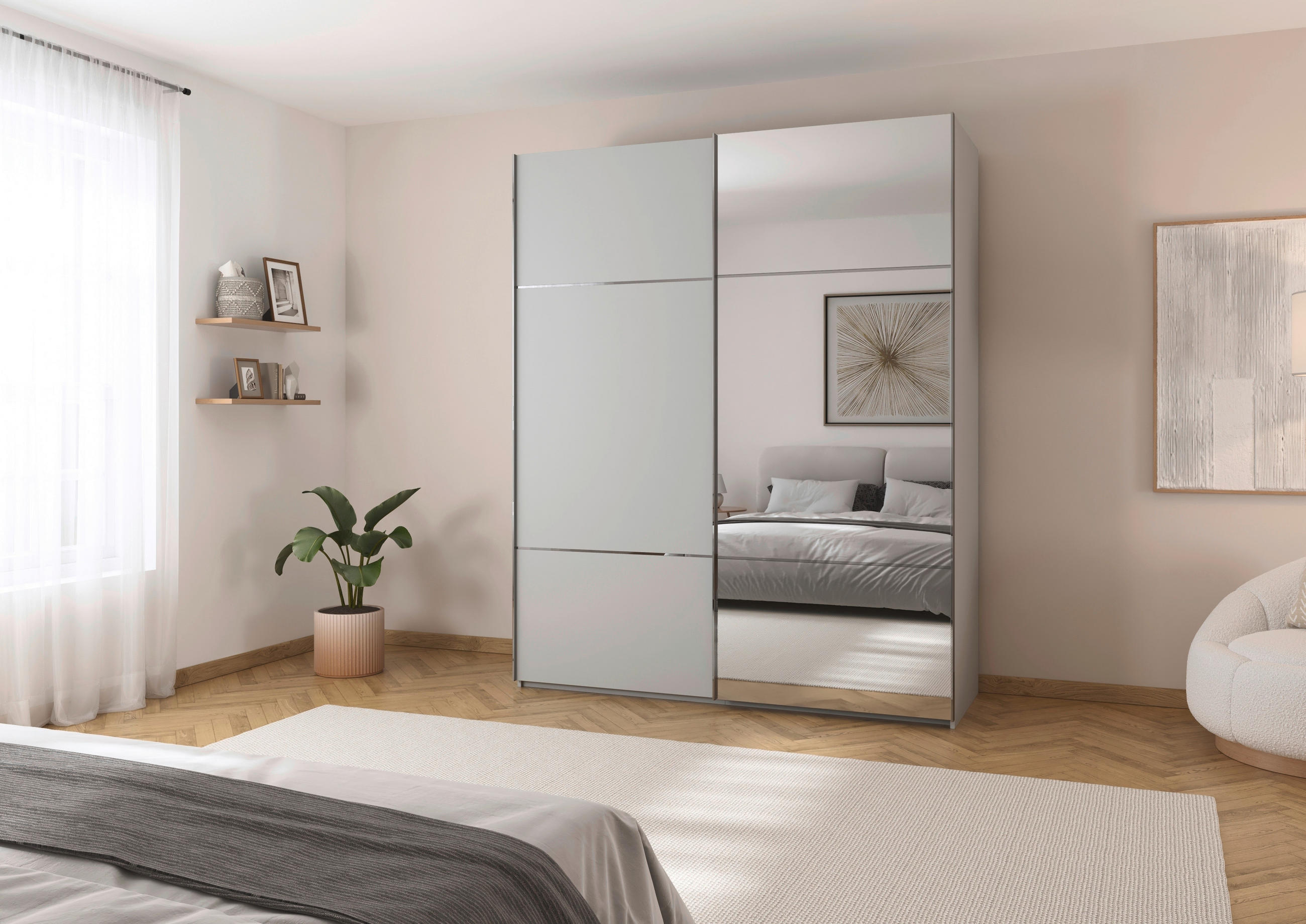 SCHWEBETÜRENSCHRANK in Grau  - Chromfarben/Beige, Konventionell, Glas/Holzwerkstoff (162/223/68cm) - Novel