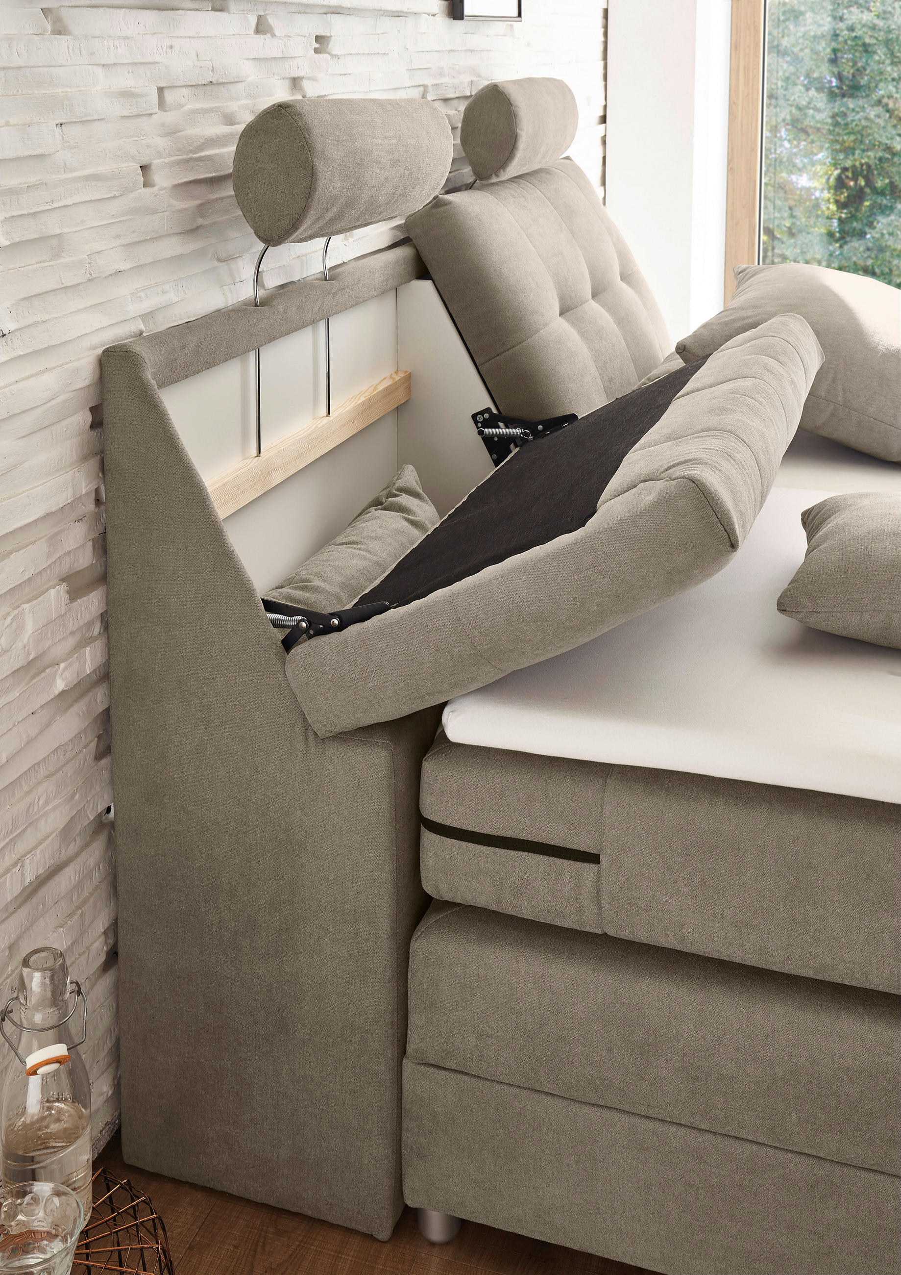 Thumbnail - Mid.you Boxspringbett, Sand, Textil, H2, 7-Zonen, 180x200 cm, gepolstertes Kopfteil, Federkernmatratze, Schlafzimmer, Be...