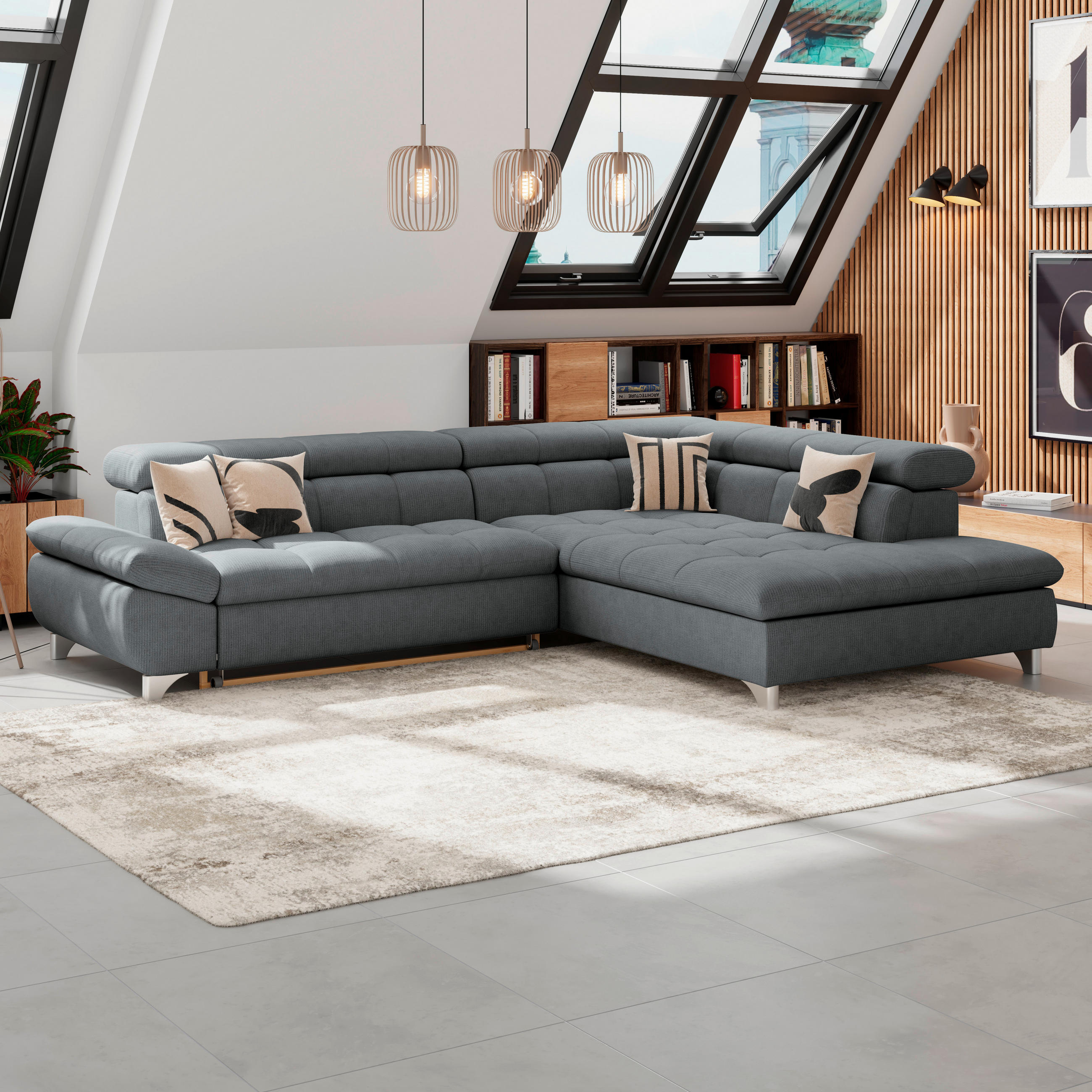 ECKSOFA Graphitfarben Chenille  - Chromfarben/Graphitfarben, KONVENTIONELL, Textil/Metall (312/234cm) - Livetastic