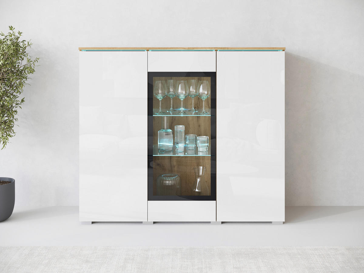 HIGHBOARD Vera, 120/103,3/39,5 cm,  - Weiß Hochglanz/Eiche Wotan, Trend, Glas/Holzwerkstoff (120/103,3/39,5cm) - P & B