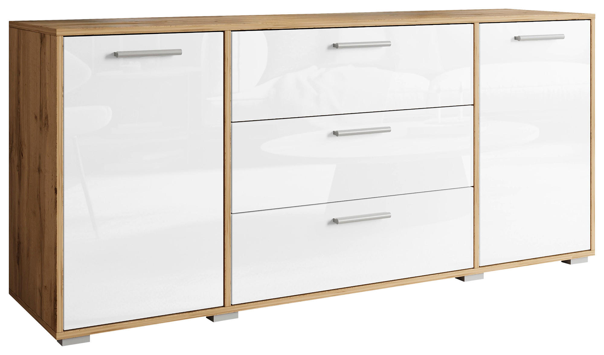 SIDEBOARD Bogota  in 150/68/40 cm  - Weiß Hochglanz/Eiche Wotan, Basics, Holzwerkstoff/Kunststoff (150/68/40cm) - P & B