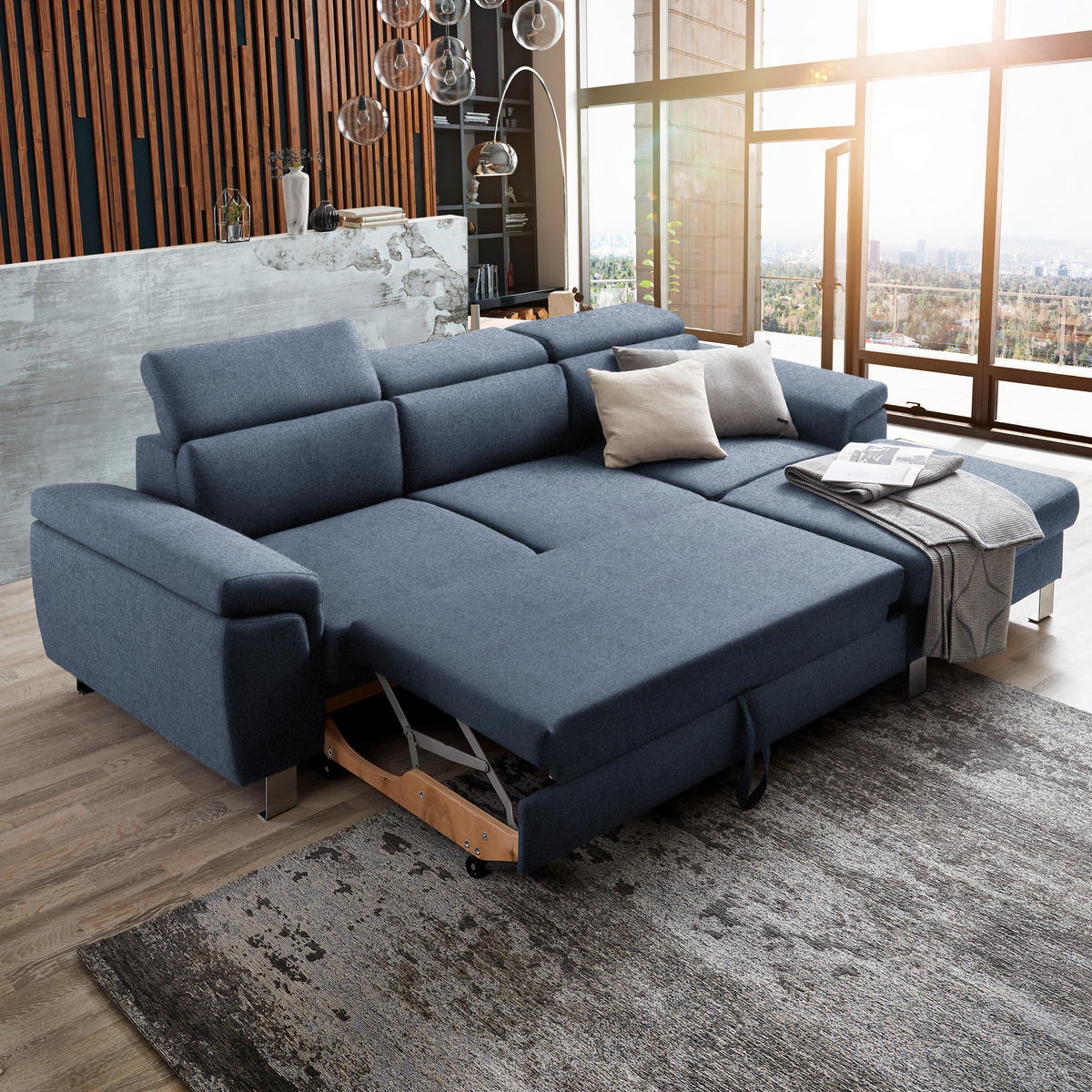ECKSOFA inkl. Funktionen Blau Webstoff  - Blau/Silberfarben, Design, Textil/Metall (250/167cm) - Xora