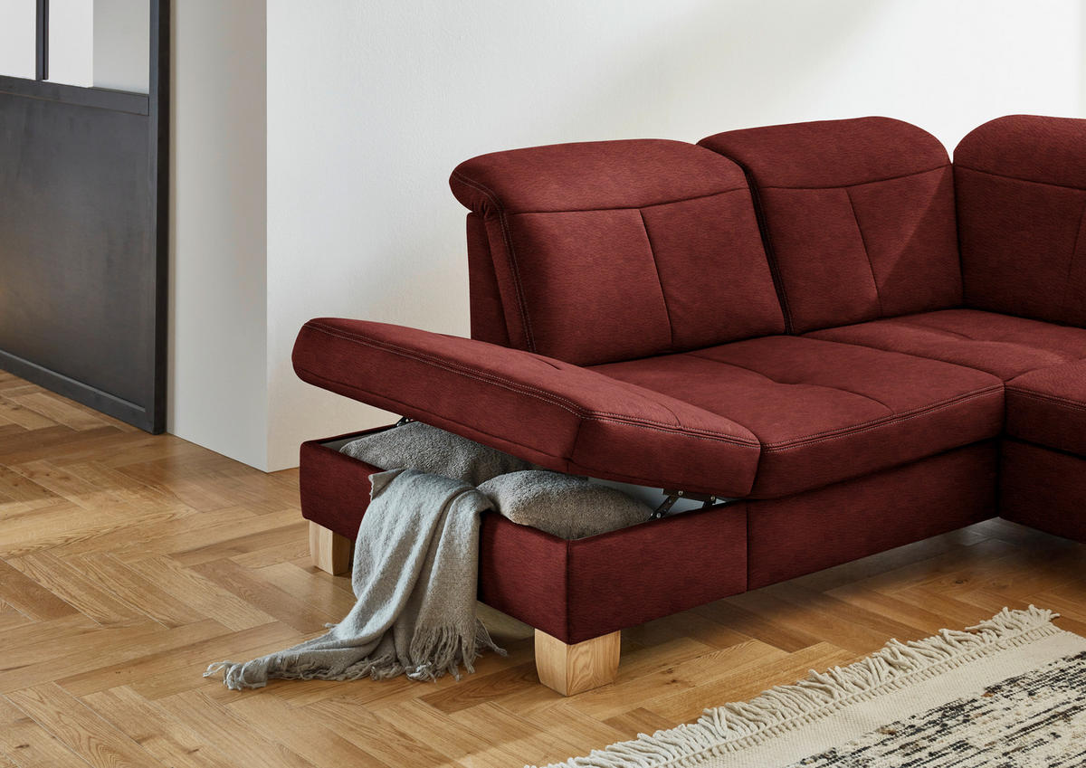 WOHNLANDSCHAFT Hellrot Mikrofaser  - Wildeiche/Hellrot, KONVENTIONELL, Holz/Textil (243/343/185cm) - Voleo