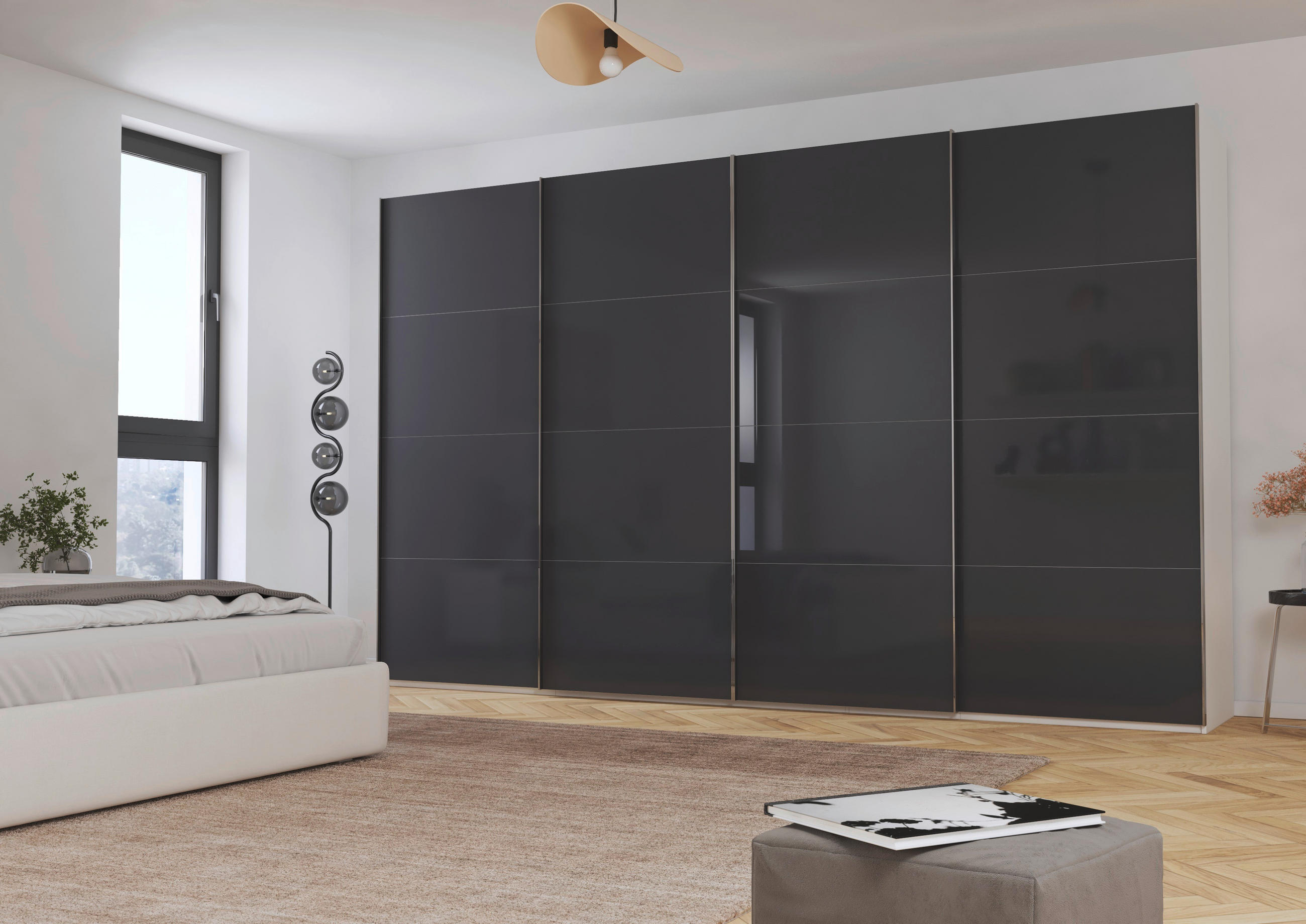 SCHWEBETÜRENSCHRANK 361/223/68 cm 4-türig Schwarz, Weiß  - Chromfarben/Schwarz, Design, Glas/Holzwerkstoff (361/223/68cm) - Novel