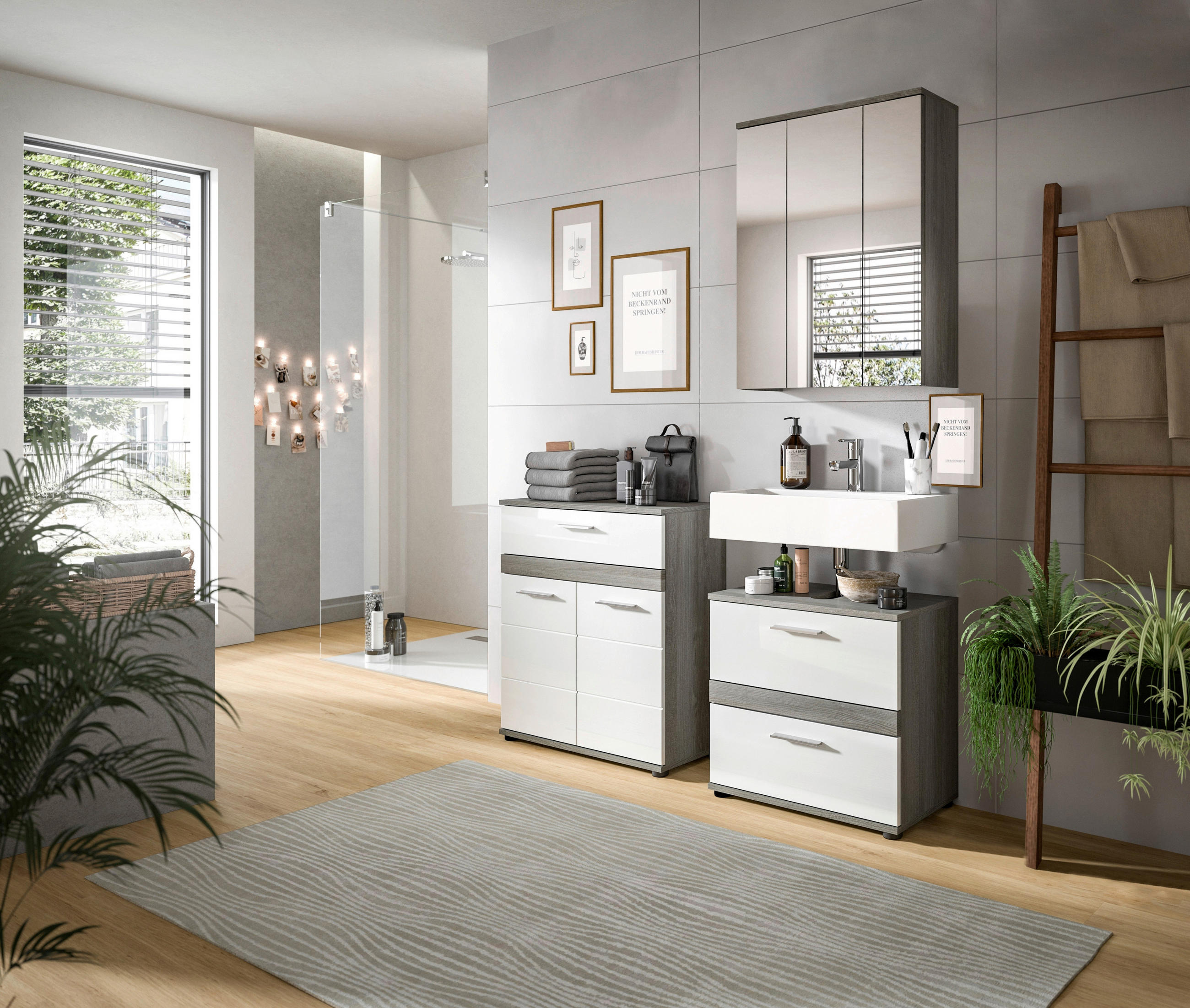 BADEZIMMER 3-teilig in 140 cm - Weiß Hochglanz/Silberfarben, MODERN, Glas/Holzwerkstoff (140cm) - MID.YOU