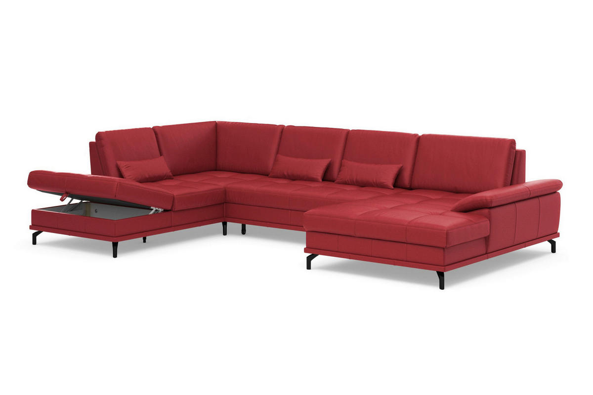 WOHNLANDSCHAFT COSTELLO E Rot Kombination Echtleder/Stoff Mikrofaser  - Rot/Schwarz, Basics, Leder/Textil (223/363/176cm) - Sit & More
