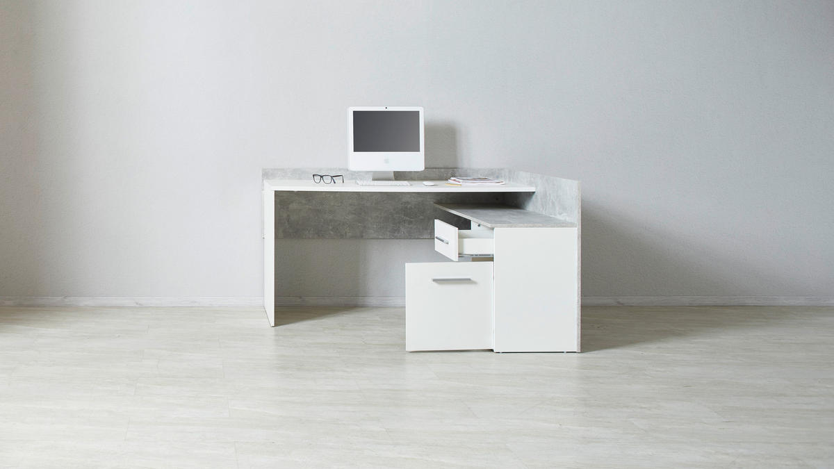 KOTNA PISALNA MIZA leseni material bela, temno siva  - temno siva/bela, Moderno, umetna masa/leseni material (141,6/80,5/124cm) - Carryhome