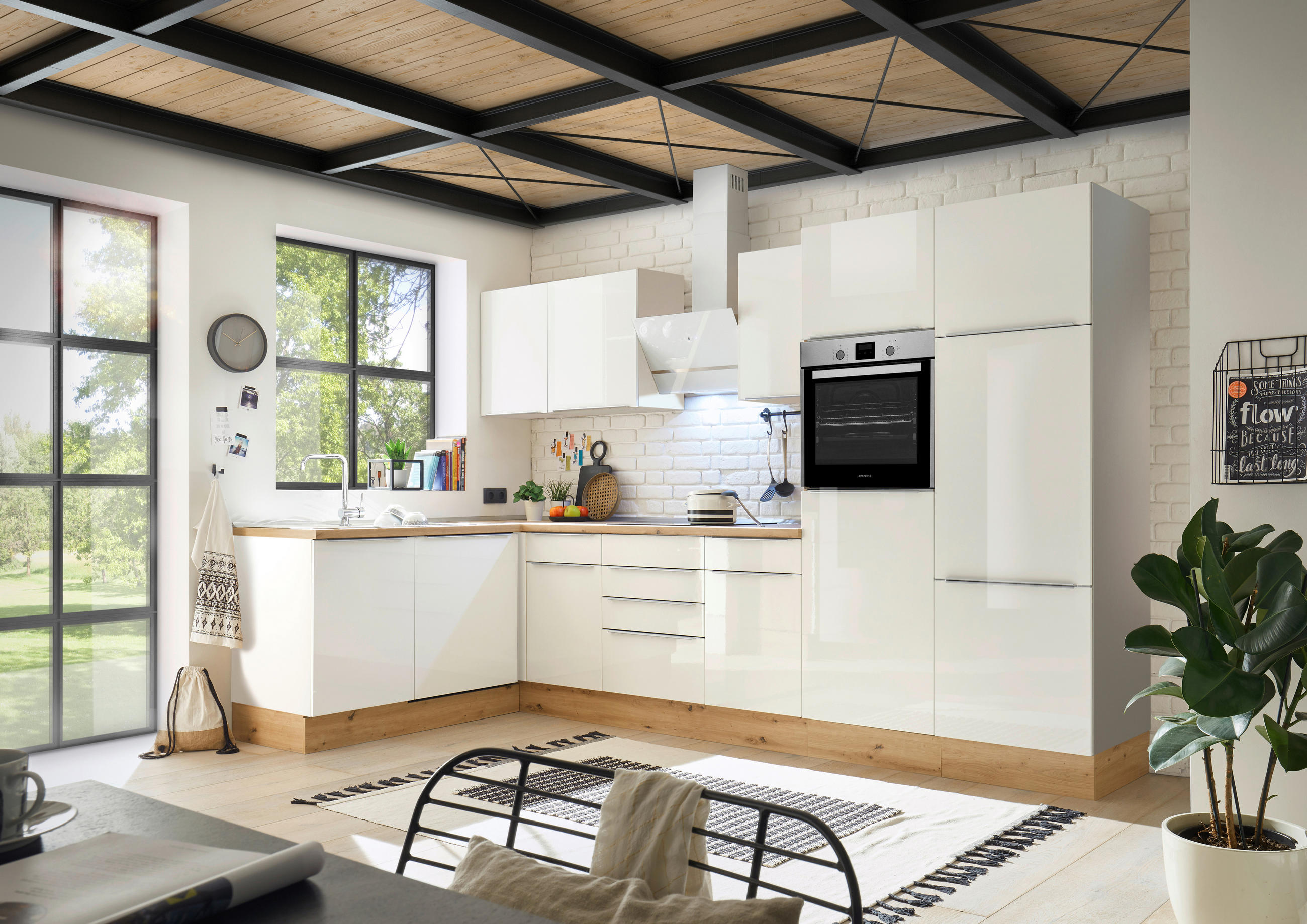 HÖRNKÖK 170/340 cm i vit, vit högglans - vit/aluminiumfärg, Lifestyle, trämaterial/plast (170/340cm) - Respekta