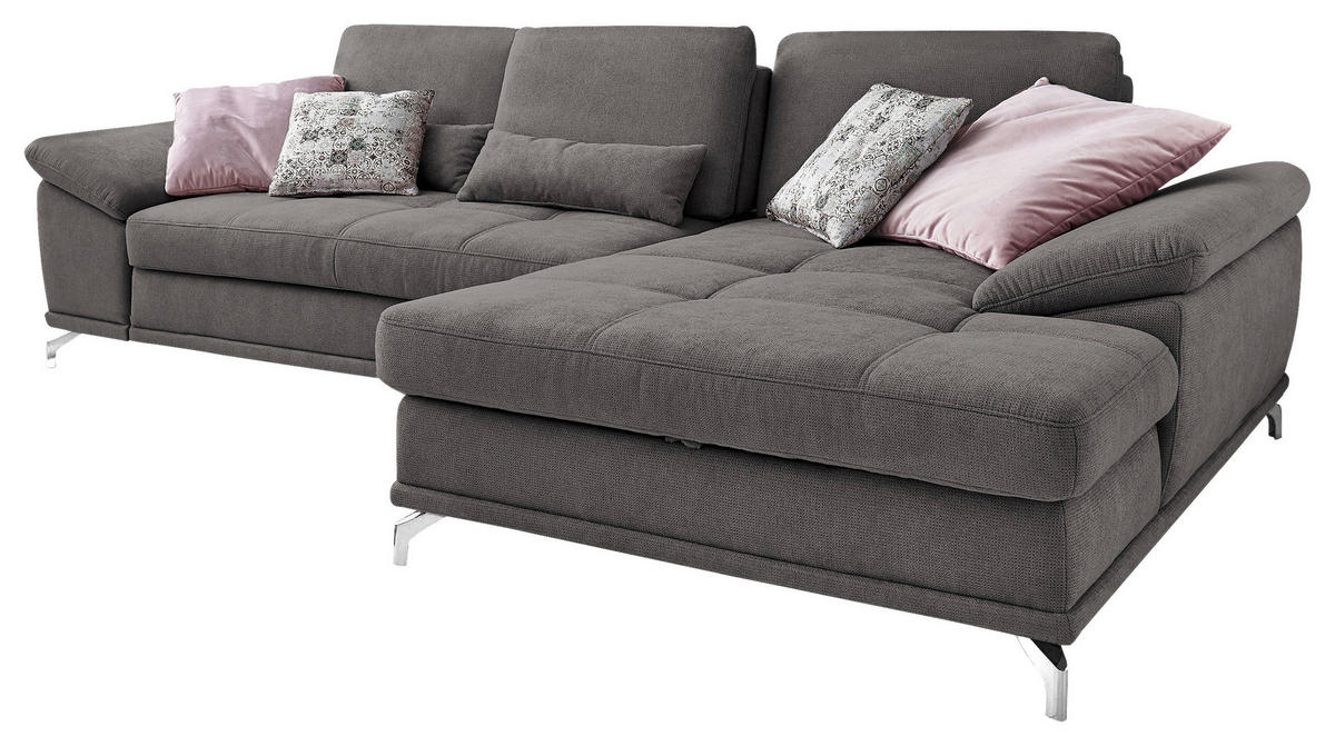 ECKSOFA Grau Flachgewebe Sitztiefenverstellung  - Silberfarben/Grau, KONVENTIONELL, Textil/Metall (301/176cm) - Sit & More