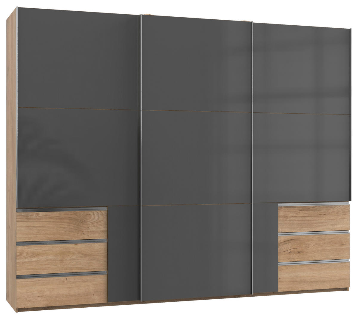 SCHWEBETÜRENSCHRANK 300/236/65 cm 3-türig Grau, Eichefarben  - Chromfarben/Eichefarben, MODERN, Holzwerkstoff (300/236/65cm) - MID.YOU