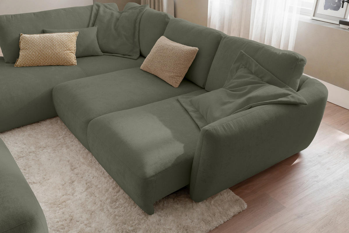 ECKSOFA  in Chenille Olivgrün  224/307 cm  - Schwarz/Olivgrün, KONVENTIONELL, Kunststoff/Textil (224/307cm) - Hom`in
