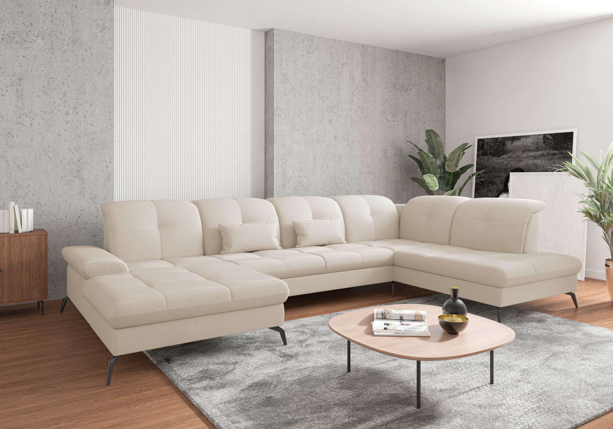 WOHNLANDSCHAFT in Flachgewebe Creme  - Creme/Schwarz, Konventionell, Textil/Metall (185/357/231cm) - Sit & More