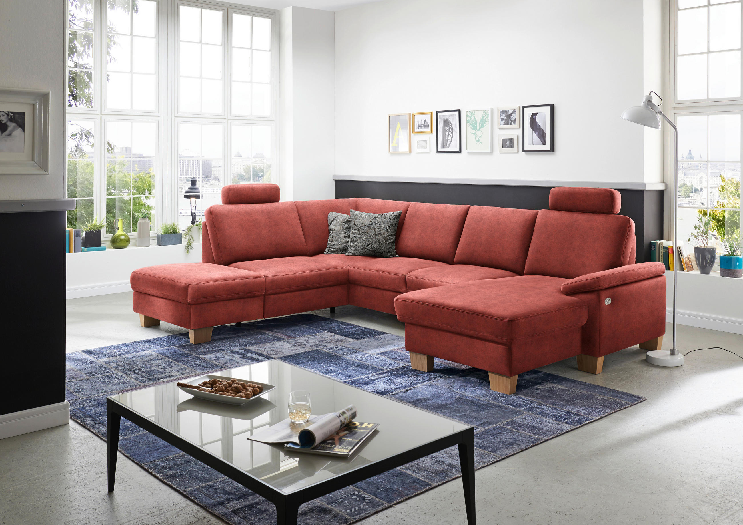 WOHNLANDSCHAFT in Velours Koralle  - Koralle/Eichefarben, Konventionell, Holz/Textil (235/316/167cm) - Beldomo System