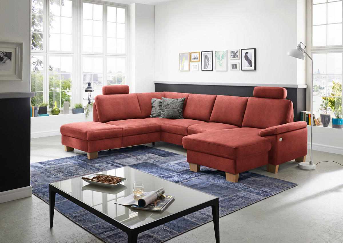 WOHNLANDSCHAFT in Velours Koralle  - Koralle/Eichefarben, Konventionell, Holz/Textil (235/316/167cm) - Beldomo System