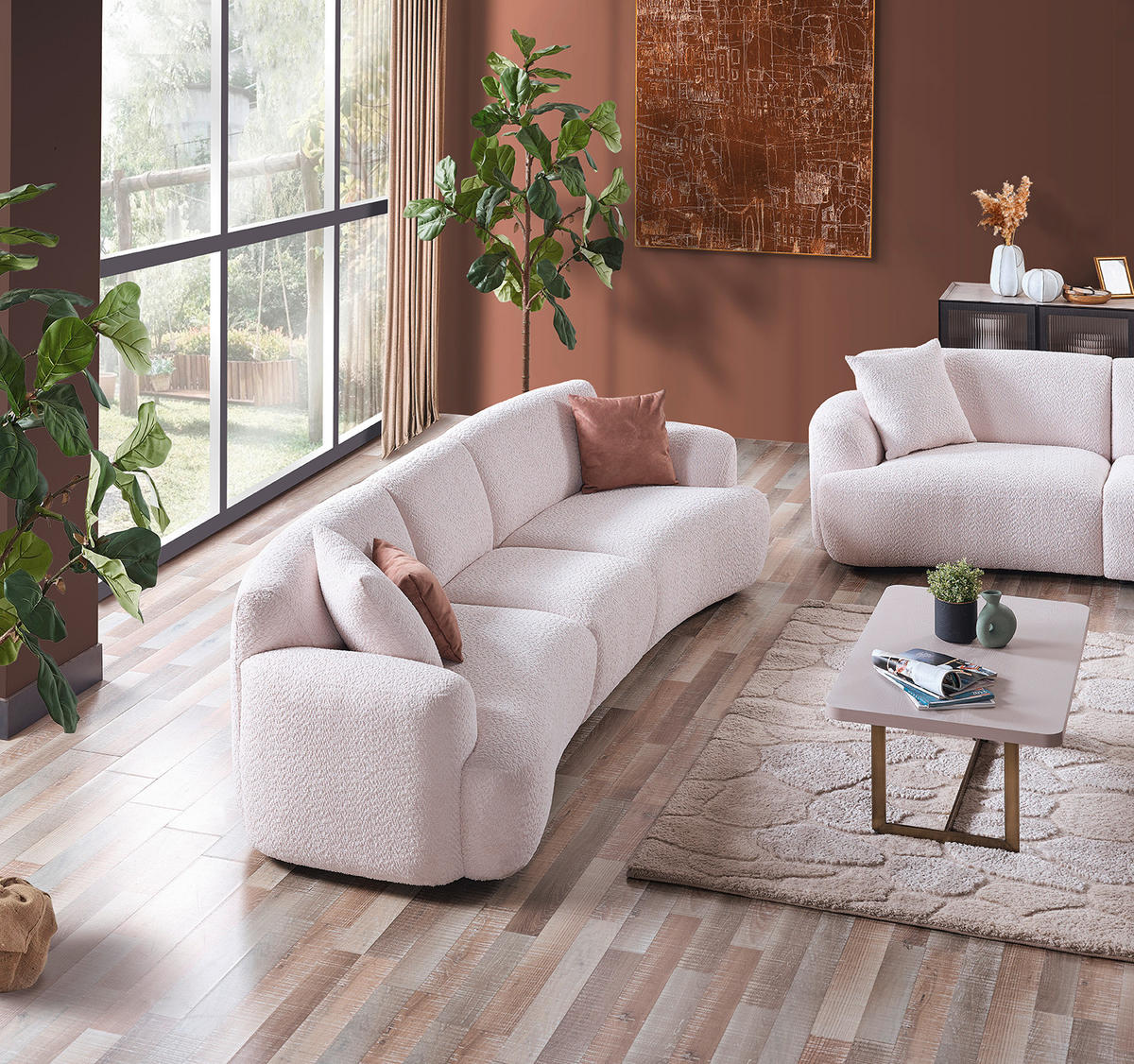 VIERSITZER-SOFA Bouclé Creme  - Creme/Schwarz, Design, Kunststoff/Textil (300/77/108cm) - Livetastic