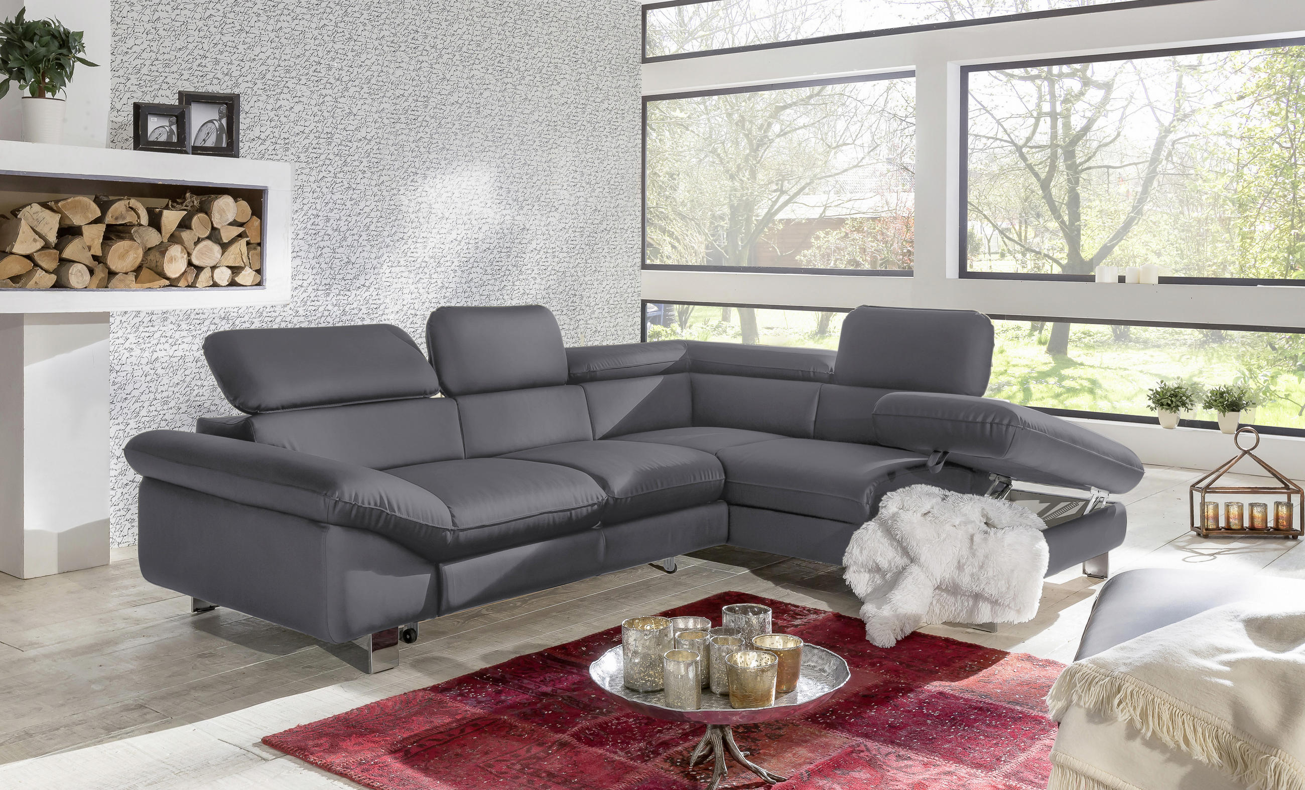WOHNLANDSCHAFT in Lederlook Fango  - Chromfarben/Fango, MODERN, Textil/Metall (266/214cm) - MID.YOU