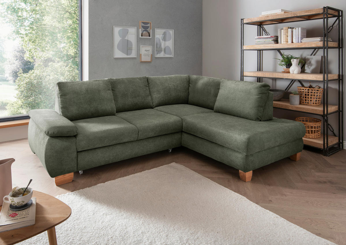 ECKSCHLAFSOFA Chenille Dunkelgrün  - Wildeiche/Dunkelgrün, MODERN, Holz/Textil (261/206cm) - Livetastic