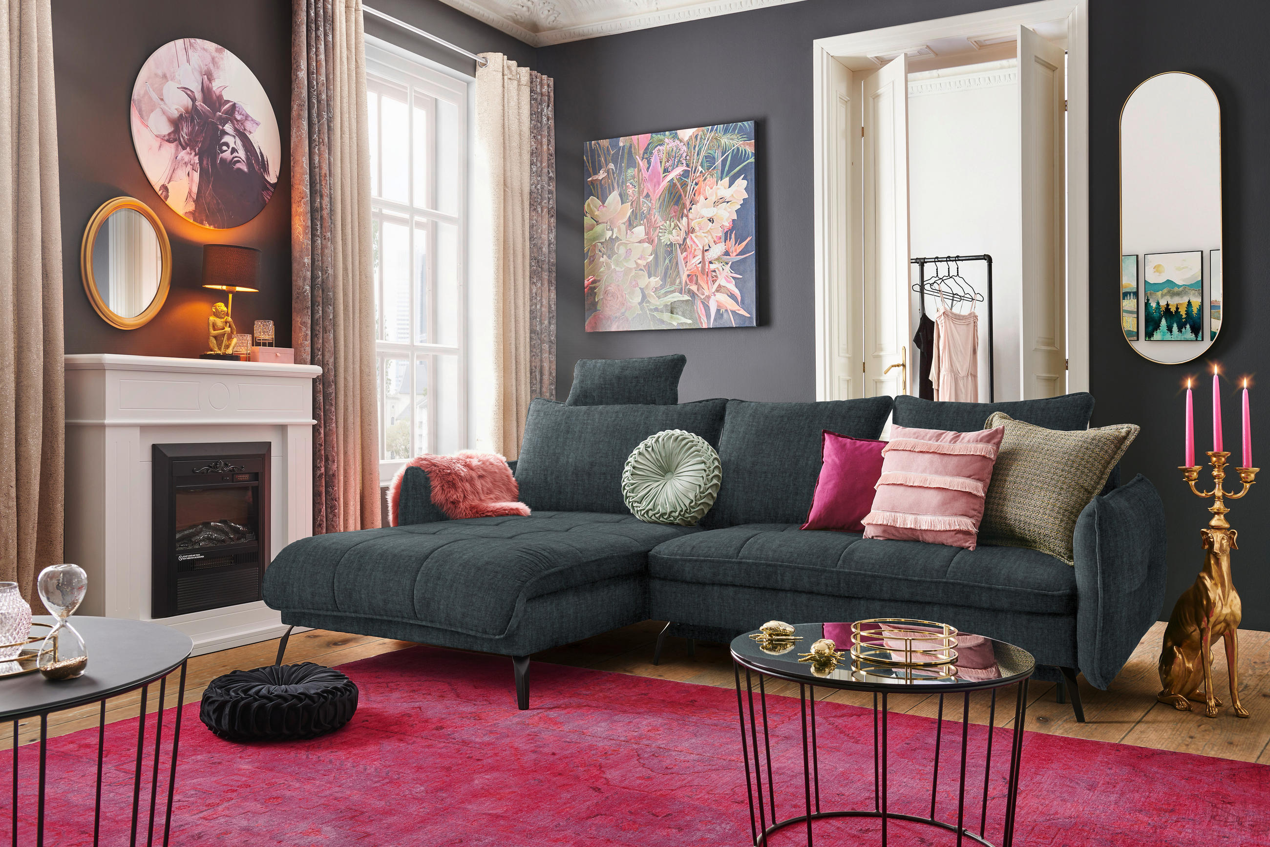 ECKSOFA in Flachgewebe Blau, Grün - Blau/Schwarz, Design, Textil/Metall (180/273cm) - Hom`in