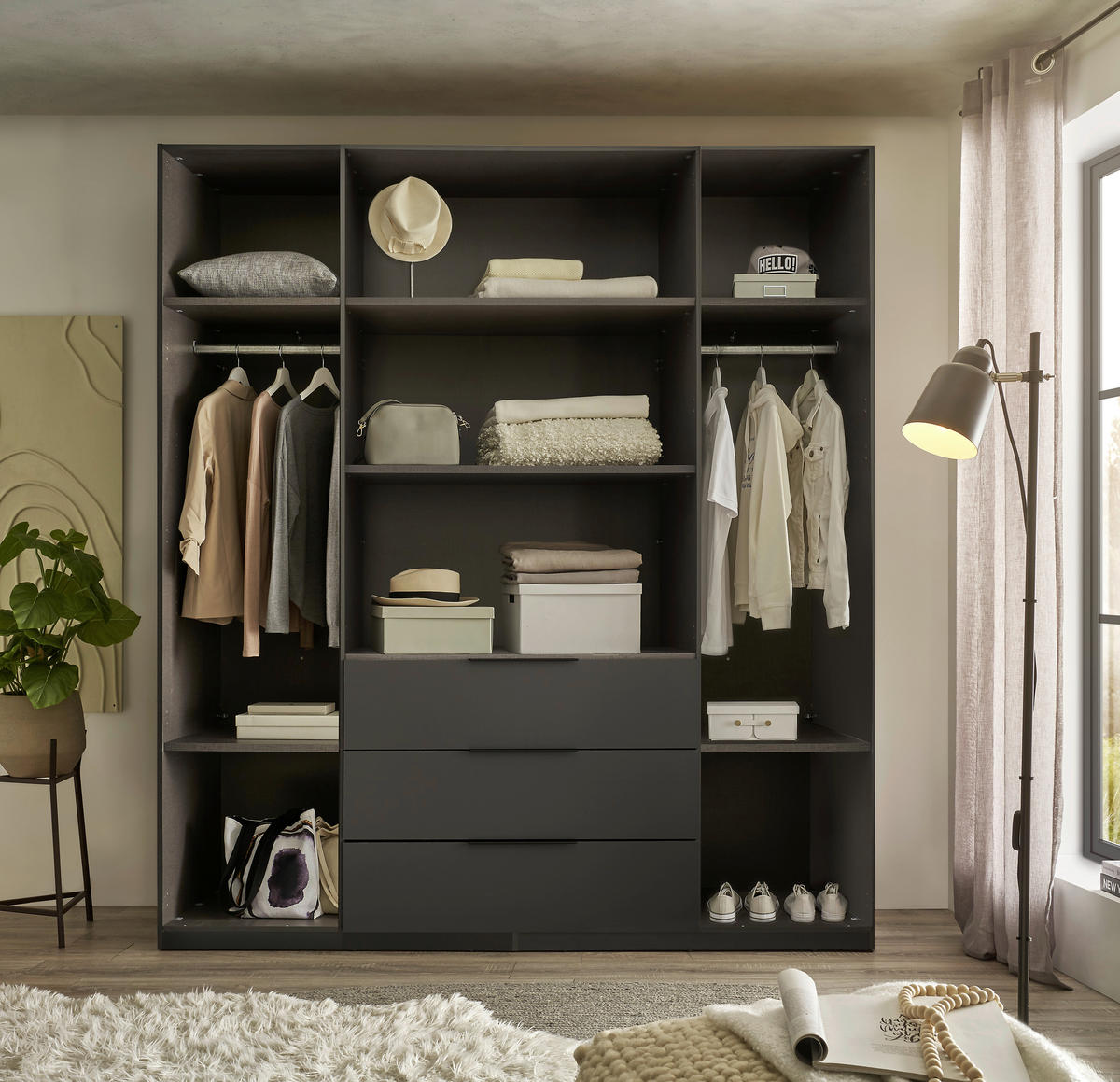 DREHTÜRENSCHRANK 200,5/225,5/60 cm,  in Graphitfarben, Hellgrau, 4-türig  - Hellgrau/Schwarz, MODERN, Holzwerkstoff/Kunststoff (200,5/225,5/60cm) - MID.YOU