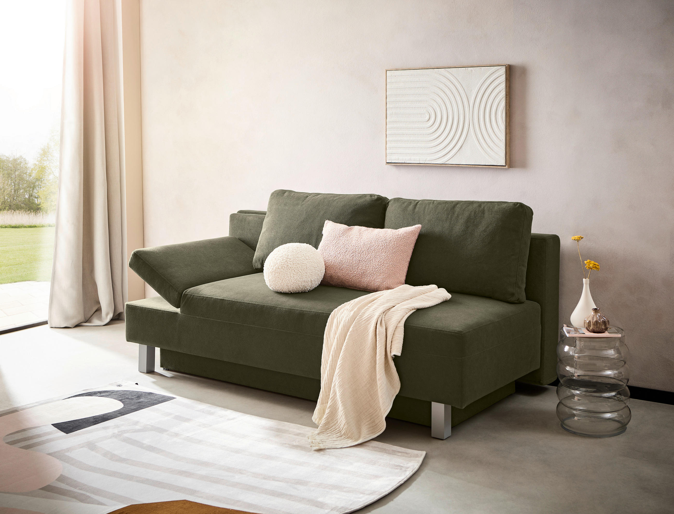 SCHLAFSOFA in Flachgewebe Dunkelgrün  - Chromfarben/Dunkelgrün, Design, Holz/Textil (205/77-93/99cm) - Novel