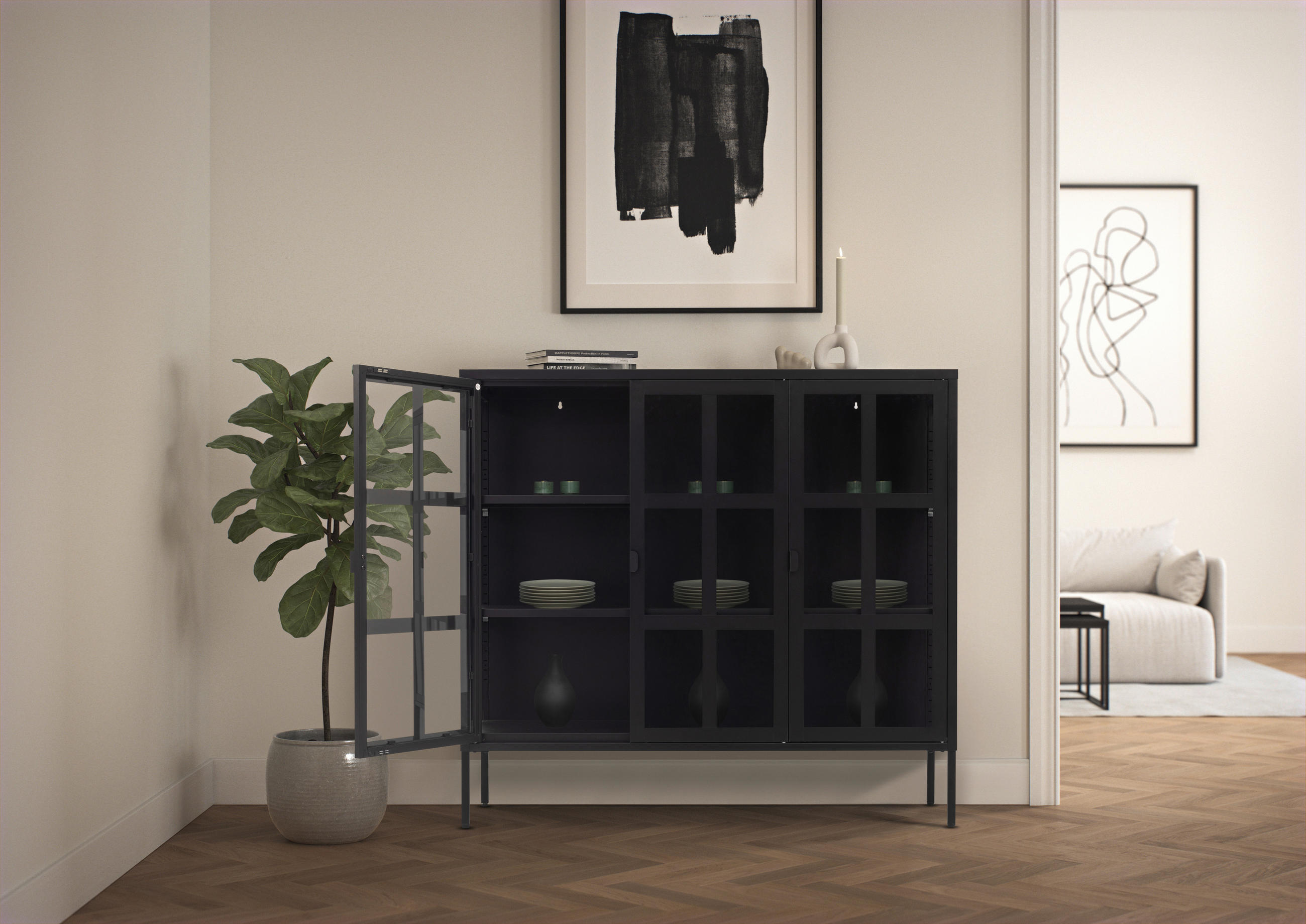 VITRINE in Schwarz  - Schwarz, Design, Glas/Metall (120/110/35cm) - Xora