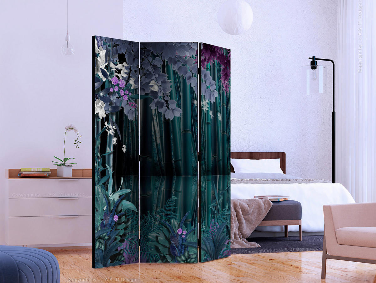 PARAVENT mit 3  Flügel - Dunkelgrün/Lila, Basics, Holz/Textil (135/172/3cm) - artgeist